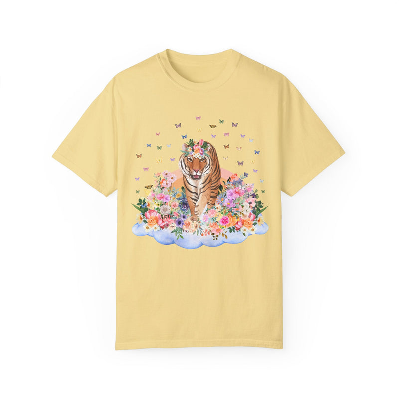 Funny Tiger Shirt of Tiger Walking on Floral Cloud | Gift for Animal Lover, Cute Butterfly TShirt for Spring, 90s Throwback Tee with Flowers - Opal and June