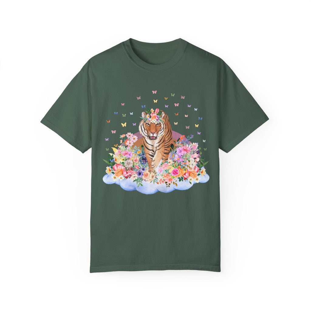 Funny Tiger Shirt of Tiger Walking on Floral Cloud | Gift for Animal Lover, Cute Butterfly TShirt for Spring, 90s Throwback Tee with Flowers - Opal and June