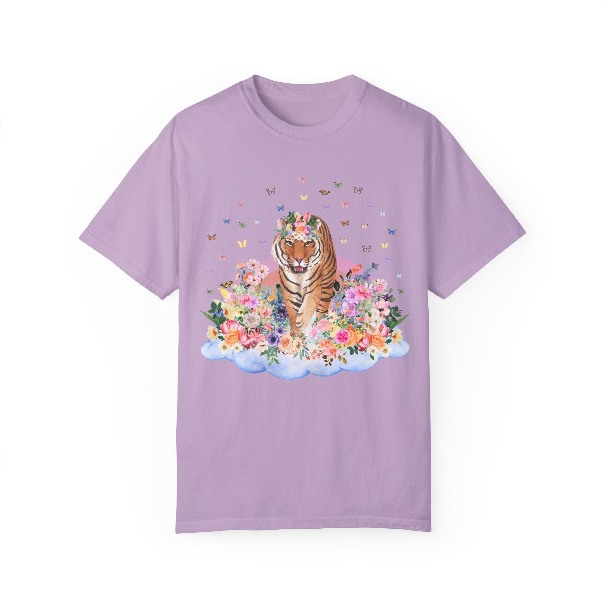 Funny Tiger Shirt of Tiger Walking on Floral Cloud | Gift for Animal Lover, Cute Butterfly TShirt for Spring, 90s Throwback Tee with Flowers - Opal and June