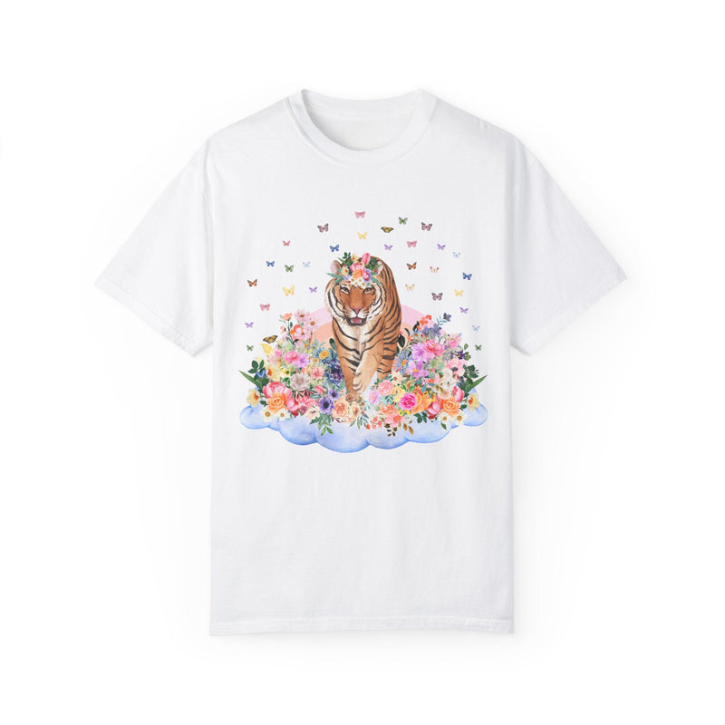 Funny Tiger Shirt of Tiger Walking on Floral Cloud | Gift for Animal Lover, Cute Butterfly TShirt for Spring, 90s Throwback Tee with Flowers - Opal and June