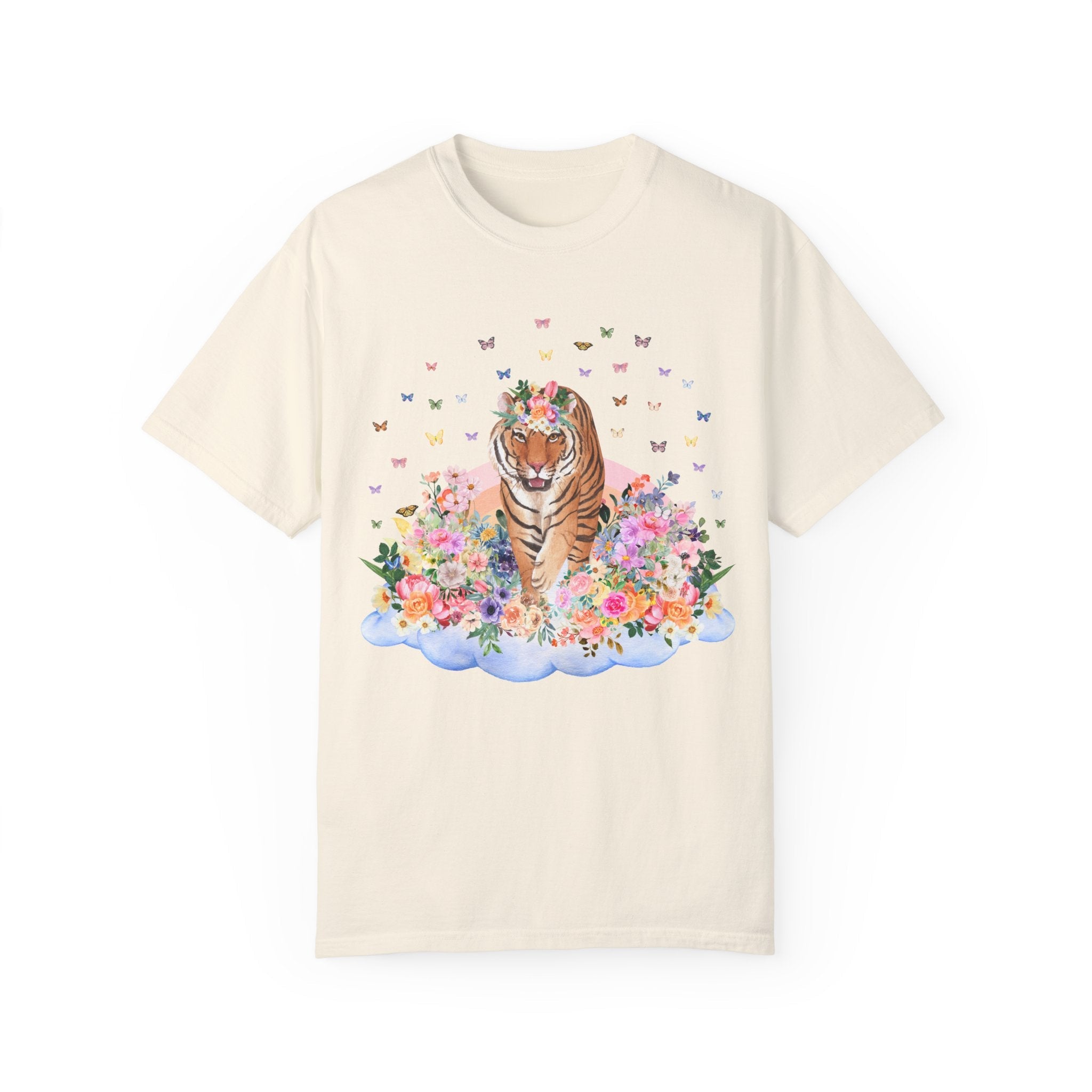 Funny Tiger Shirt of Tiger Walking on Floral Cloud | Gift for Animal Lover, Cute Butterfly TShirt for Spring, 90s Throwback Tee with Flowers - Opal and June