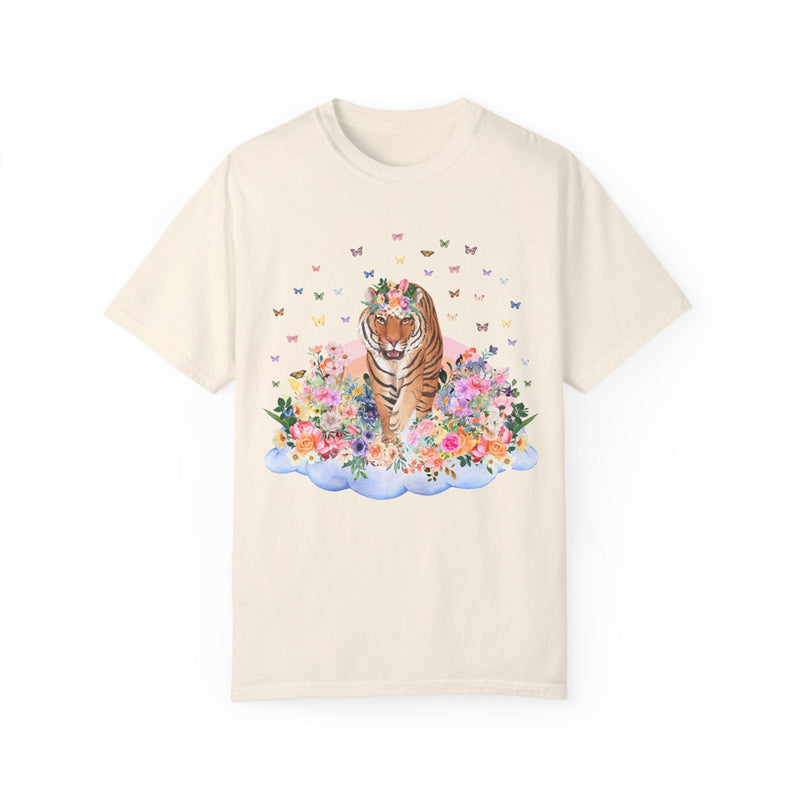 Funny Tiger Shirt of Tiger Walking on Floral Cloud | Gift for Animal Lover, Cute Butterfly TShirt for Spring, 90s Throwback Tee with Flowers - Opal and June