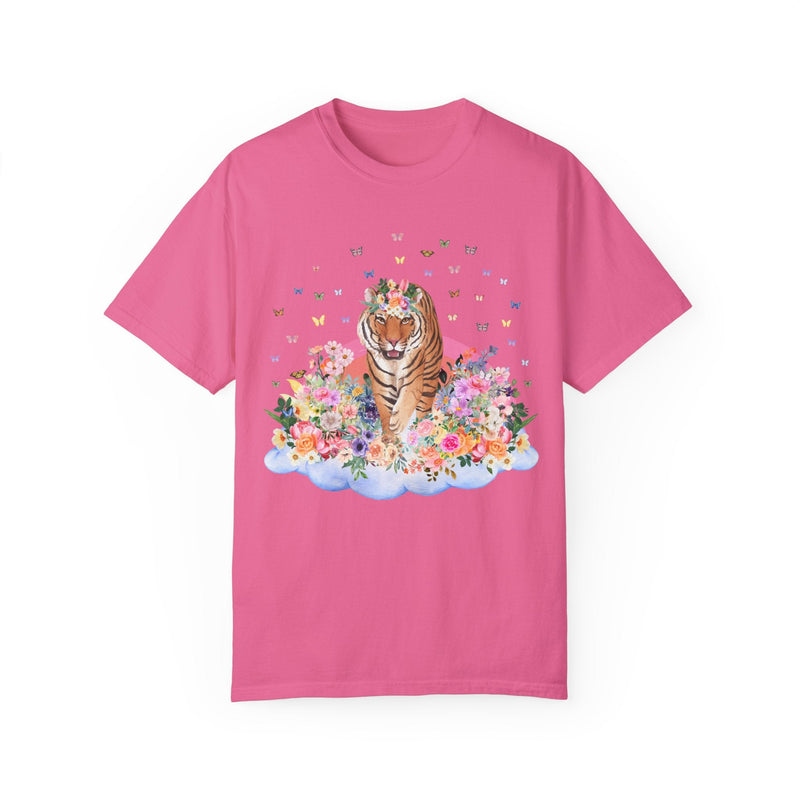 Funny Tiger Shirt of Tiger Walking on Floral Cloud | Gift for Animal Lover, Cute Butterfly TShirt for Spring, 90s Throwback Tee with Flowers - Opal and June