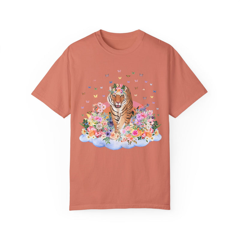 Funny Tiger Shirt of Tiger Walking on Floral Cloud | Gift for Animal Lover, Cute Butterfly TShirt for Spring, 90s Throwback Tee with Flowers - Opal and June