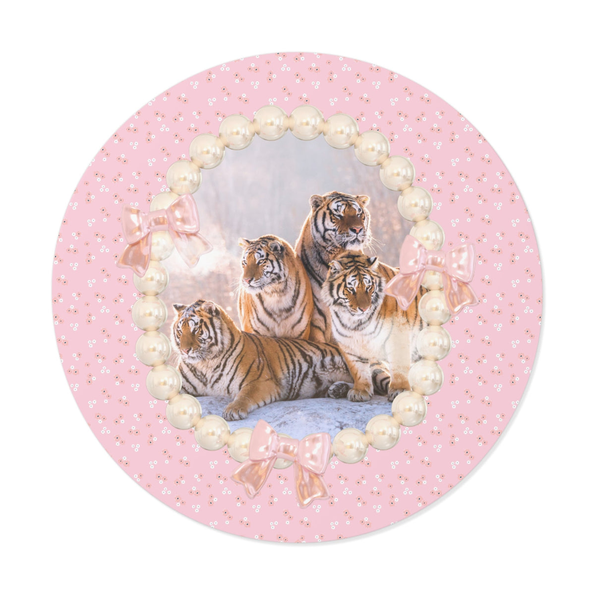 Funny Tigers in Snow Sticker with Pink Flowers in Pearl Frame: Silly Maximalist Tiger Sticker for Animal Lover, Friend Who Loves Tigers - Opal and June
