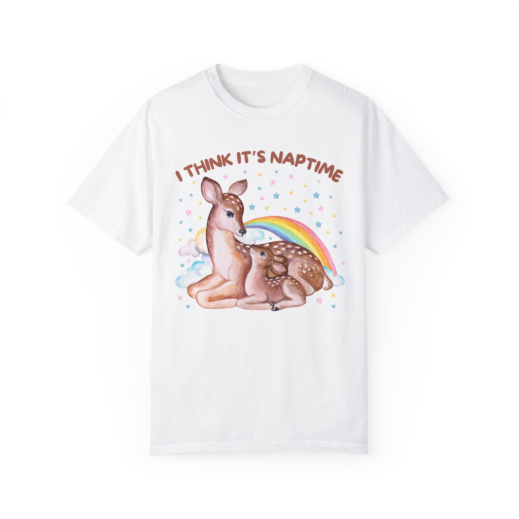 Funny Tired Mom Tee Shirt with Watercolor Stars: I Think It's Naptime, Silly Chaotic Shirt, New Mama, Cute 90s Throwback, Cottagecore Deer - Opal and June