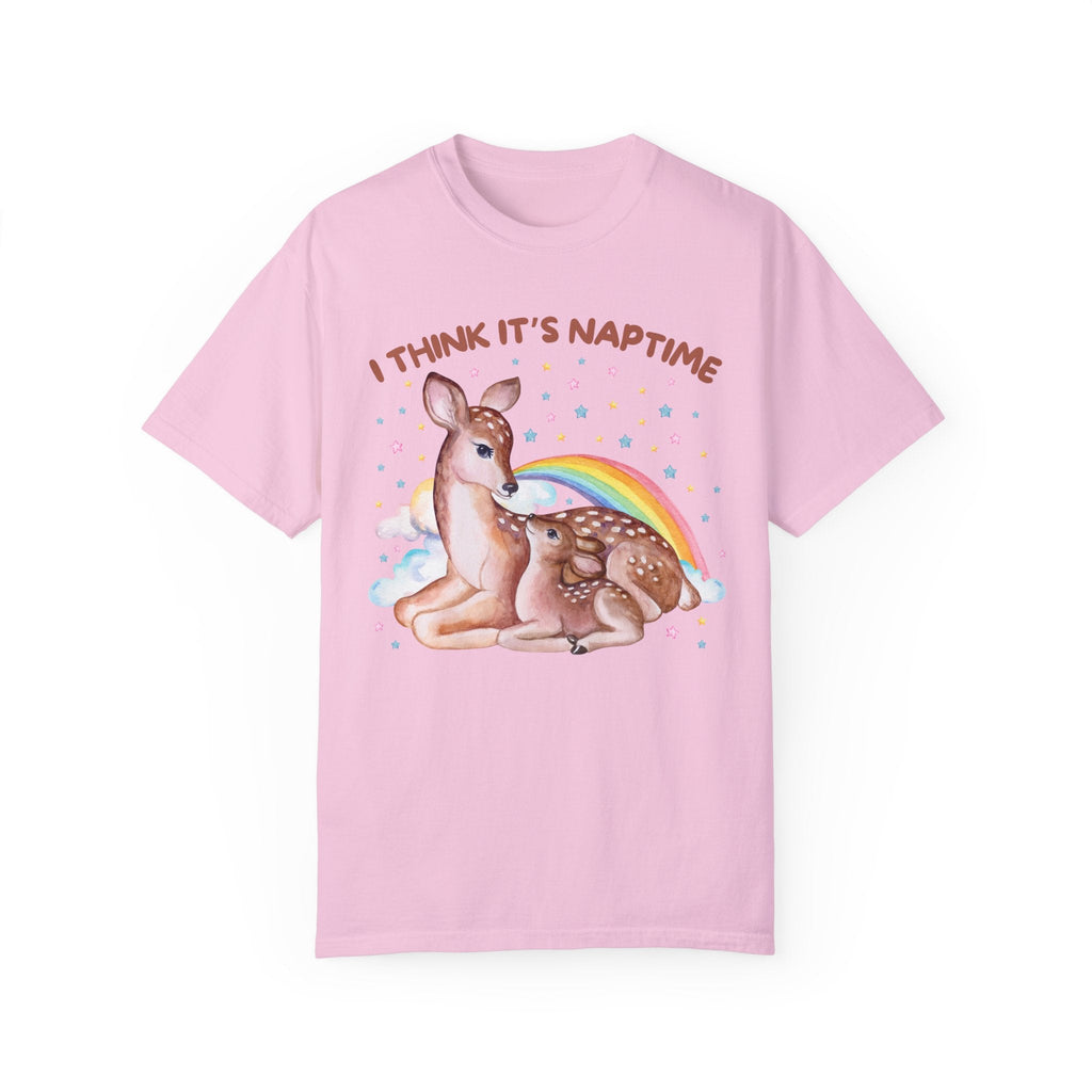 Funny Tired Mom Tee Shirt with Watercolor Stars: I Think It's Naptime, Silly Chaotic Shirt, New Mama, Cute 90s Throwback, Cottagecore Deer - Opal and June