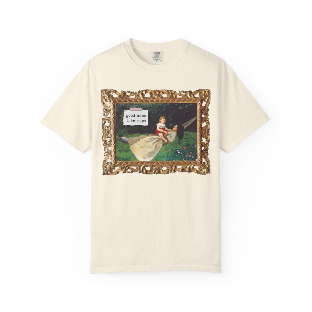 Funny Tired Moms Art History Shirt: Good Moms Take Naps, Silly Cottagecore Toddler Mama Tee, In the Hammock by Hans Thoma, 19th Century Art - Opal and June