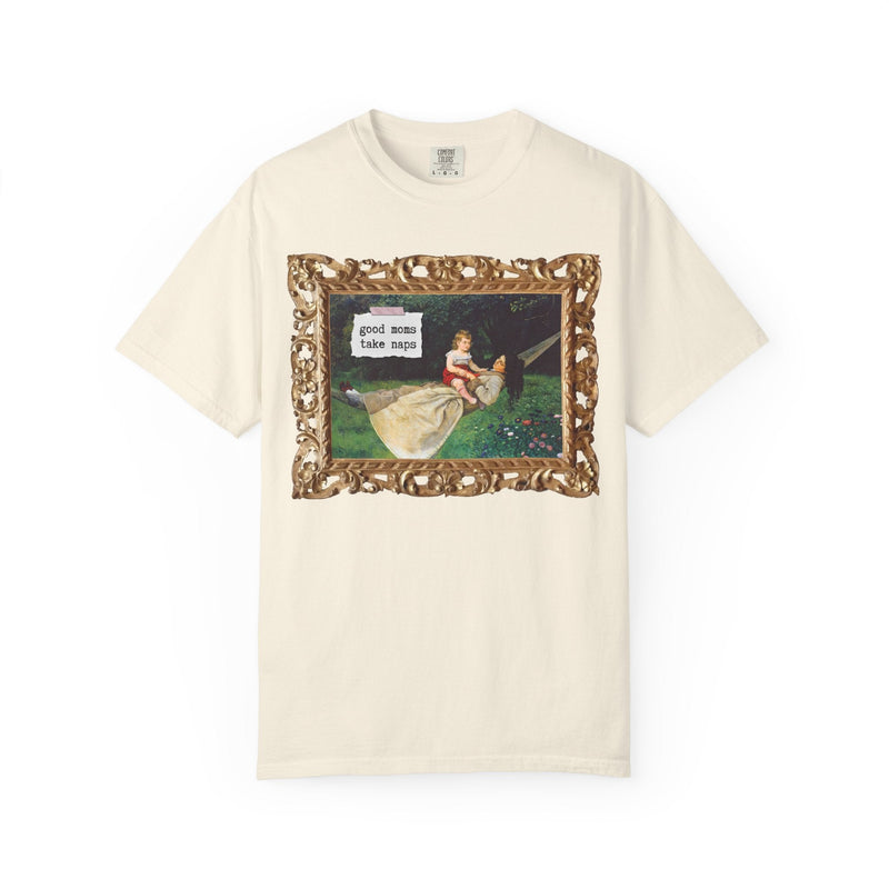 Funny Tired Moms Art History Shirt: Good Moms Take Naps, Silly Cottagecore Toddler Mama Tee, In the Hammock by Hans Thoma, 19th Century Art - Opal and June