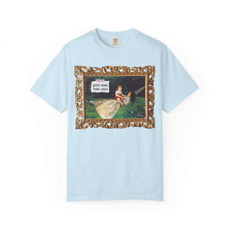 Funny Tired Moms Art History Shirt: Good Moms Take Naps, Silly Cottagecore Toddler Mama Tee, In the Hammock by Hans Thoma, 19th Century Art - Opal and June