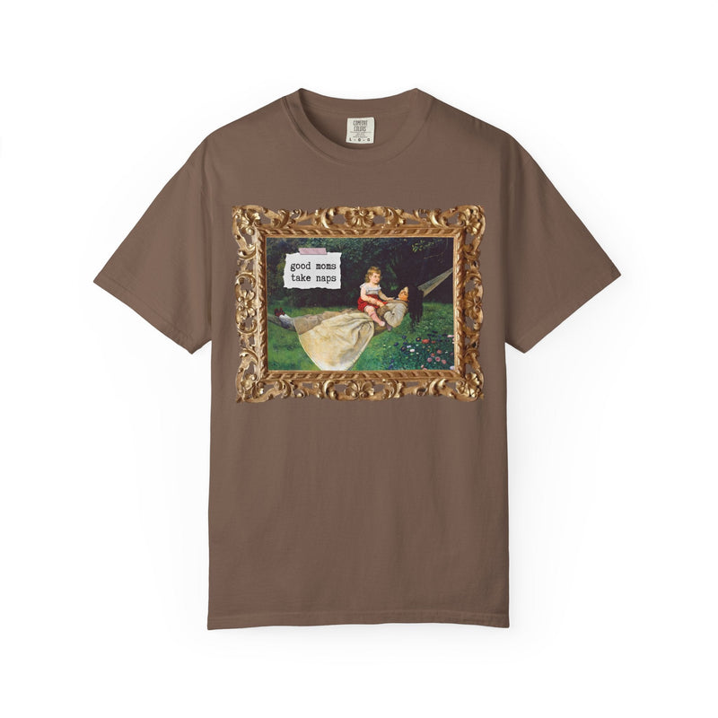Funny Tired Moms Art History Shirt: Good Moms Take Naps, Silly Cottagecore Toddler Mama Tee, In the Hammock by Hans Thoma, 19th Century Art - Opal and June