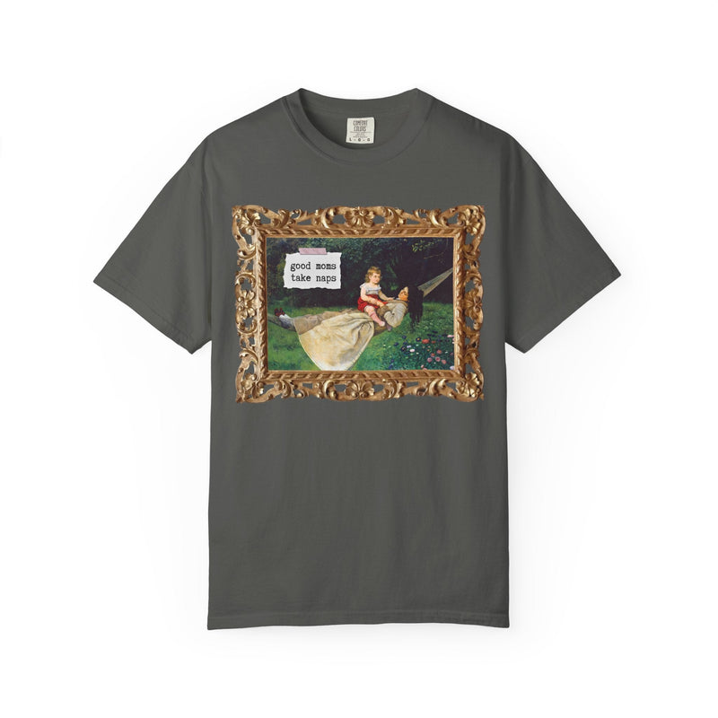 Funny Tired Moms Art History Shirt: Good Moms Take Naps, Silly Cottagecore Toddler Mama Tee, In the Hammock by Hans Thoma, 19th Century Art - Opal and June