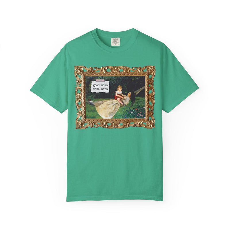 Funny Tired Moms Art History Shirt: Good Moms Take Naps, Silly Cottagecore Toddler Mama Tee, In the Hammock by Hans Thoma, 19th Century Art - Opal and June