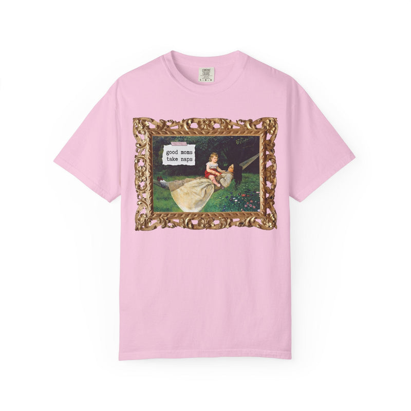 Funny Tired Moms Art History Shirt: Good Moms Take Naps, Silly Cottagecore Toddler Mama Tee, In the Hammock by Hans Thoma, 19th Century Art - Opal and June