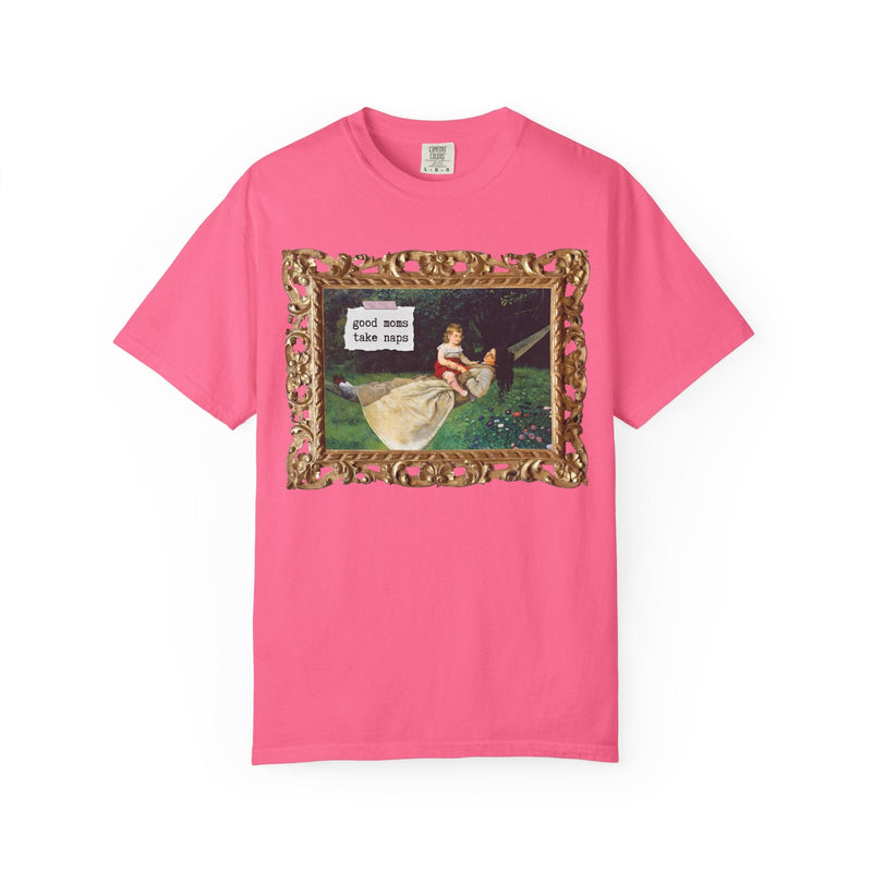 Funny Tired Moms Art History Shirt: Good Moms Take Naps, Silly Cottagecore Toddler Mama Tee, In the Hammock by Hans Thoma, 19th Century Art - Opal and June