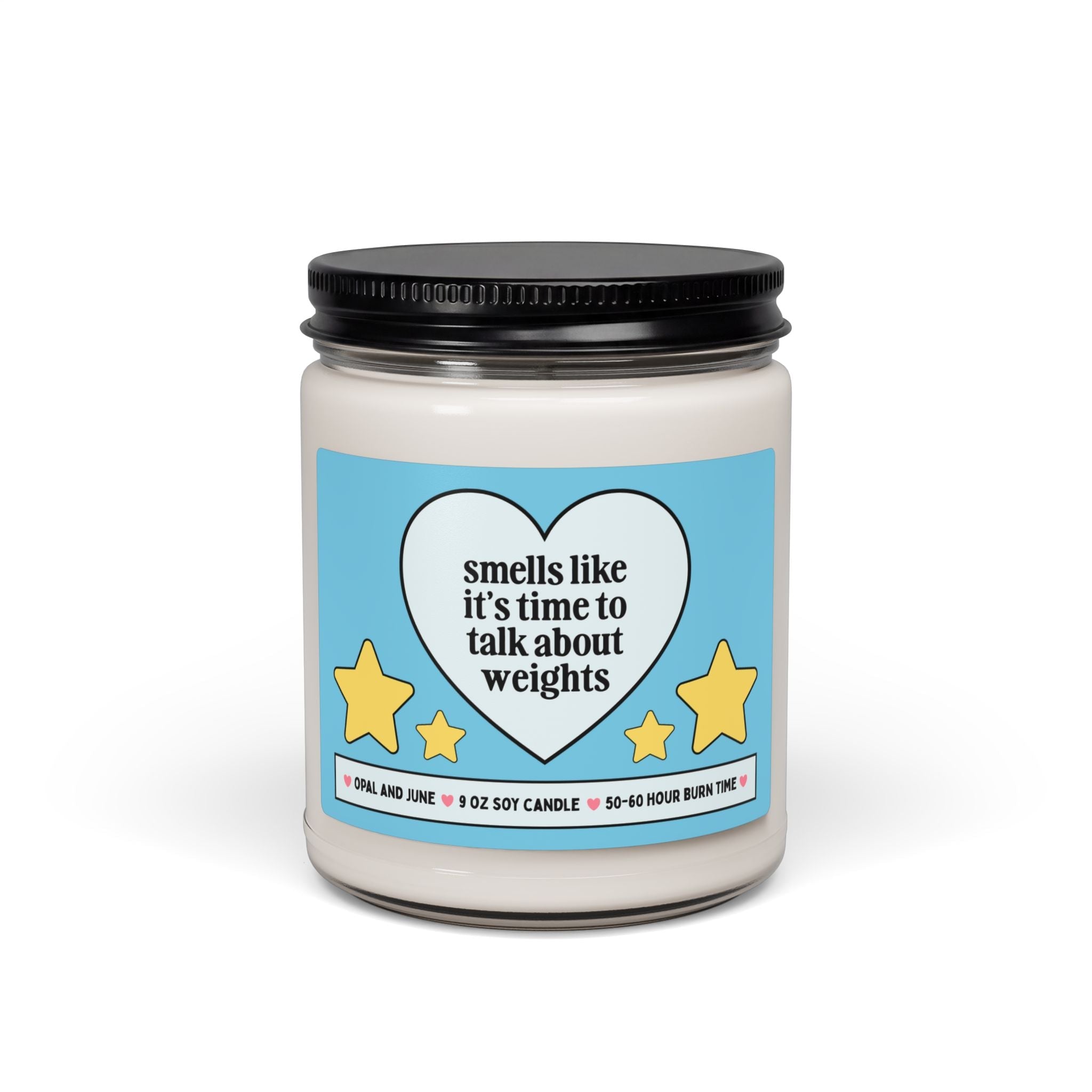 Funny Weightlifting Candle for Friend Who Lifts Weights, Silly Personal Trainer Thank You Gift: Smells Like It's Time to Talk About Weights - Opal and June