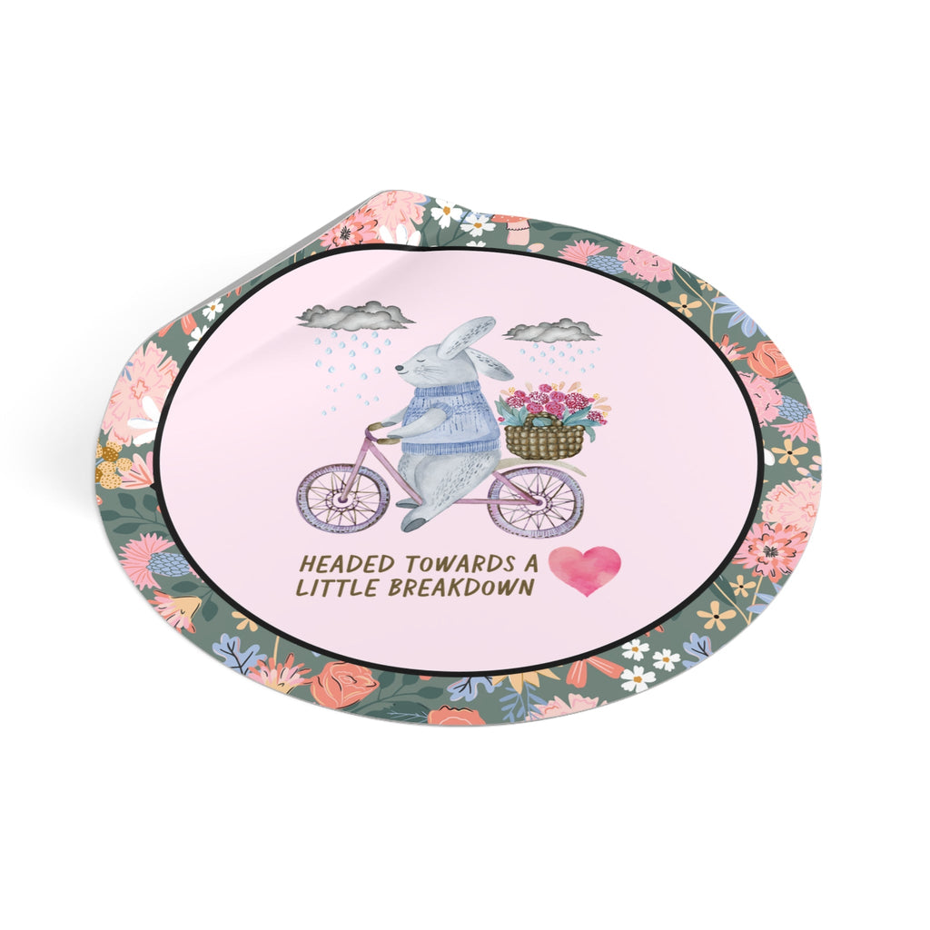 Funny Weirdcore Sticker, Cottagecore Rabbit Riding a Bike: Headed Towards a Little Breakdown, Silly Anxious Floral Mental Health Gift - Opal and June