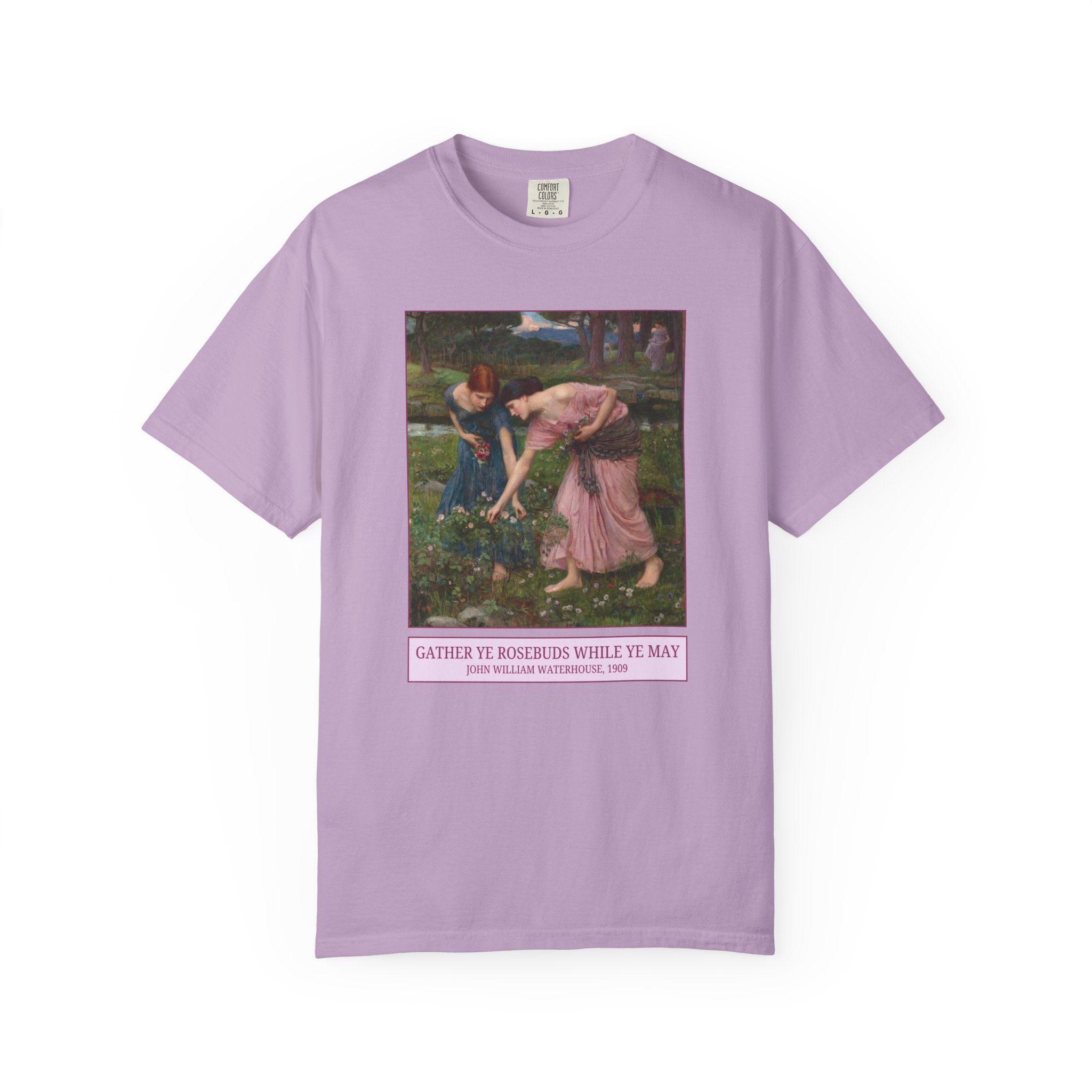 Gather Ye Rosebuds While Ye May by John William Waterhouse, 19th Century Art History Tee Shirt for Humanities Major, Pre - Raphaelite Art Gift - Opal and June