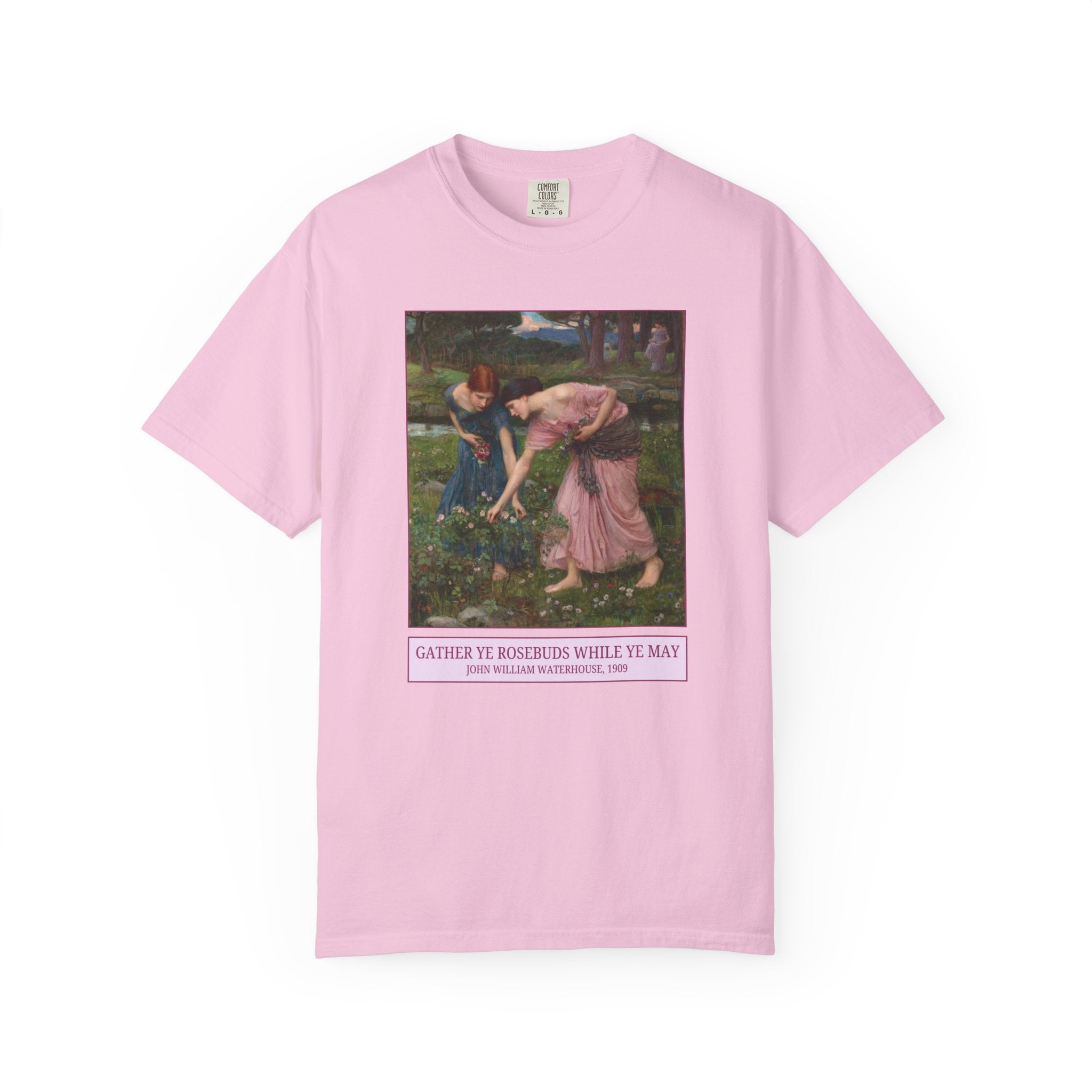 Gather Ye Rosebuds While Ye May by John William Waterhouse, 19th Century Art History Tee Shirt for Humanities Major, Pre - Raphaelite Art Gift - Opal and June