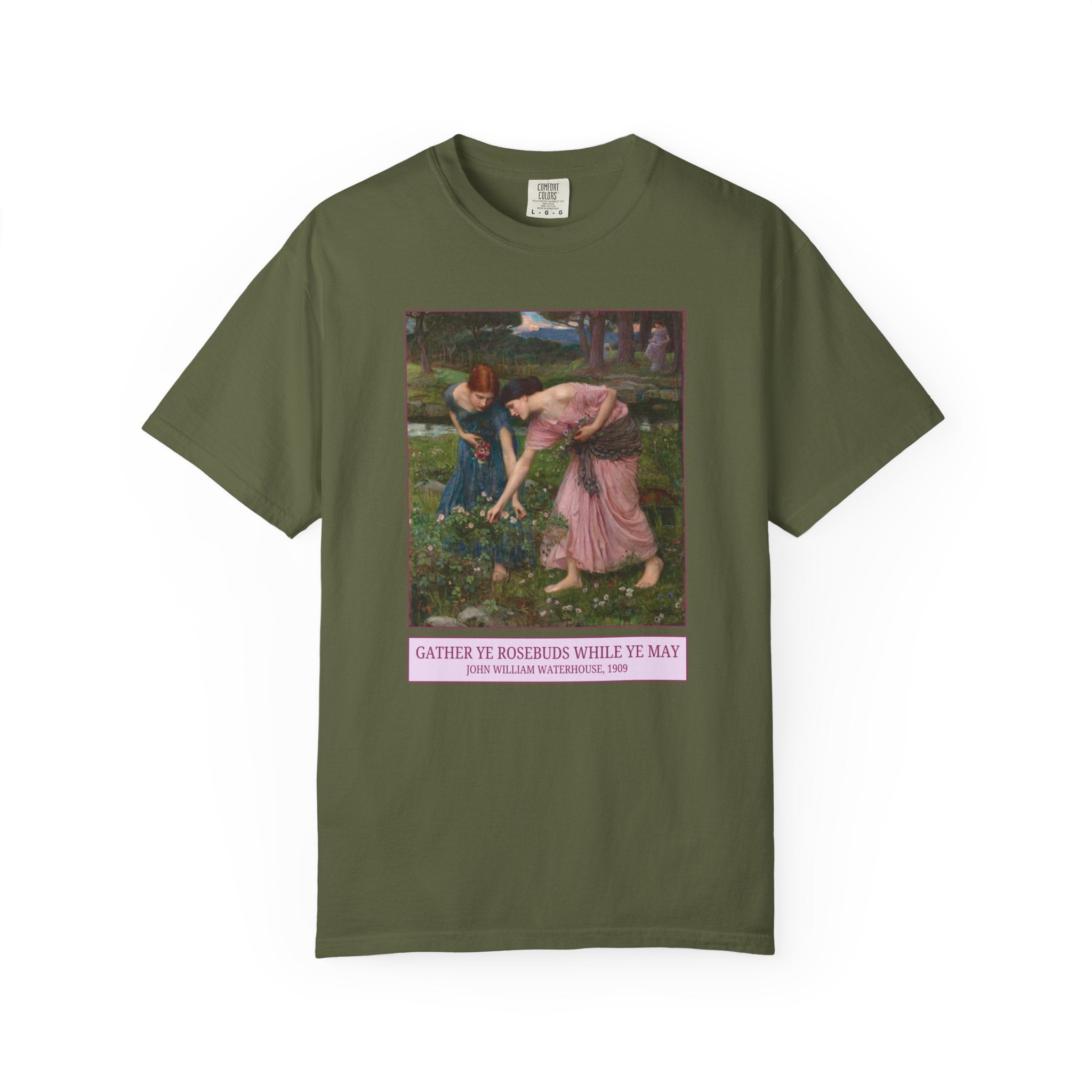 Gather Ye Rosebuds While Ye May by John William Waterhouse, 19th Century Art History Tee Shirt for Humanities Major, Pre - Raphaelite Art Gift - Opal and June