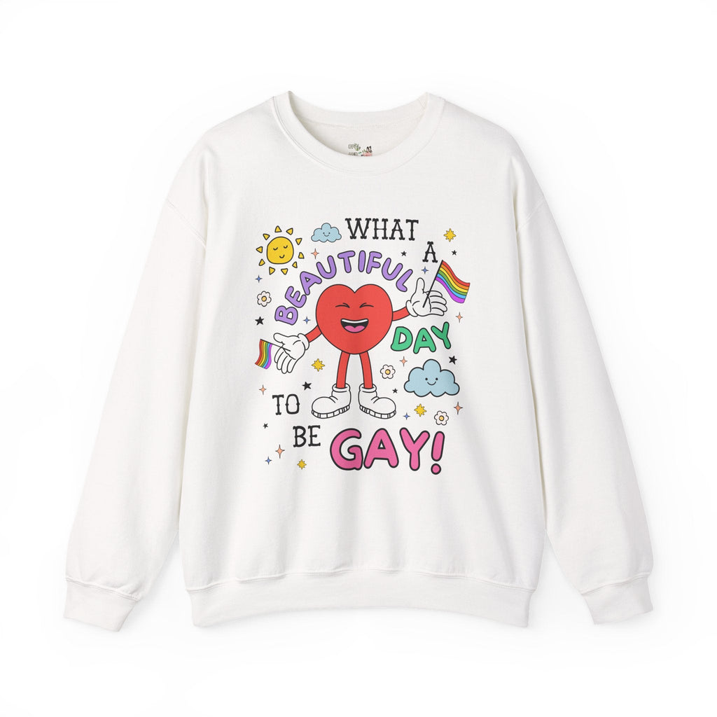 Gay Pride Retro Aesthetic Sweatshirt with Heart: What a Beautiful Day to Be Gay!, Funny Saying Nineties Throwback Equal Rights, Gay Rights - Opal and June