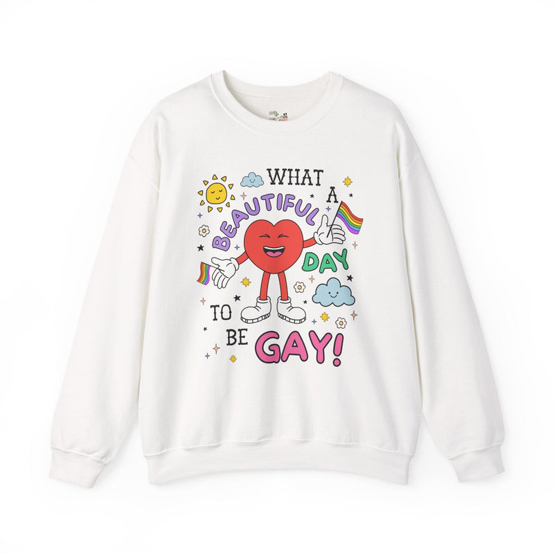 Gay Pride Retro Aesthetic Sweatshirt with Heart: What a Beautiful Day to Be Gay!, Funny Saying Nineties Throwback Equal Rights, Gay Rights - Opal and June