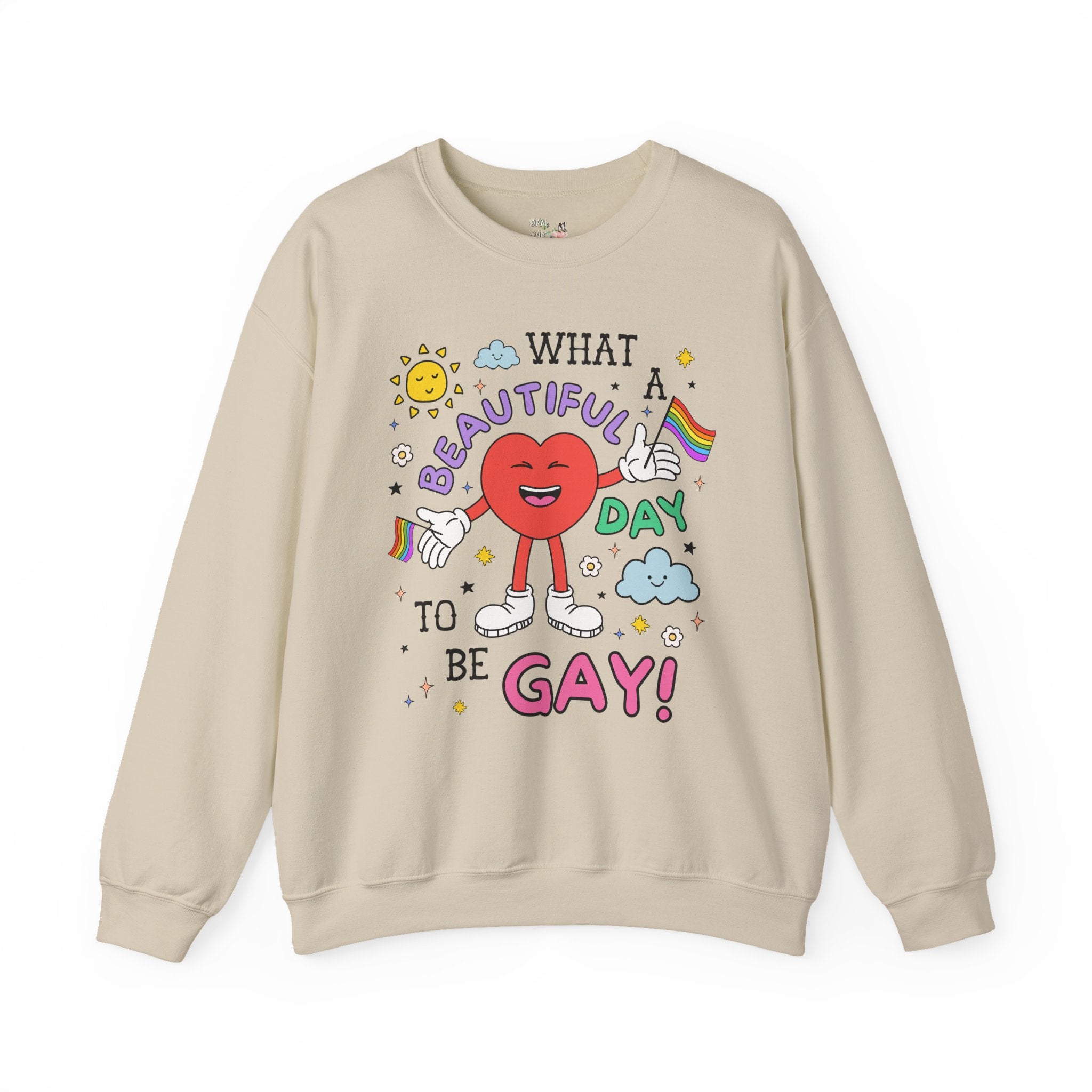 Gay Pride Retro Aesthetic Sweatshirt with Heart: What a Beautiful Day to Be Gay!, Funny Saying Nineties Throwback Equal Rights, Gay Rights - Opal and June