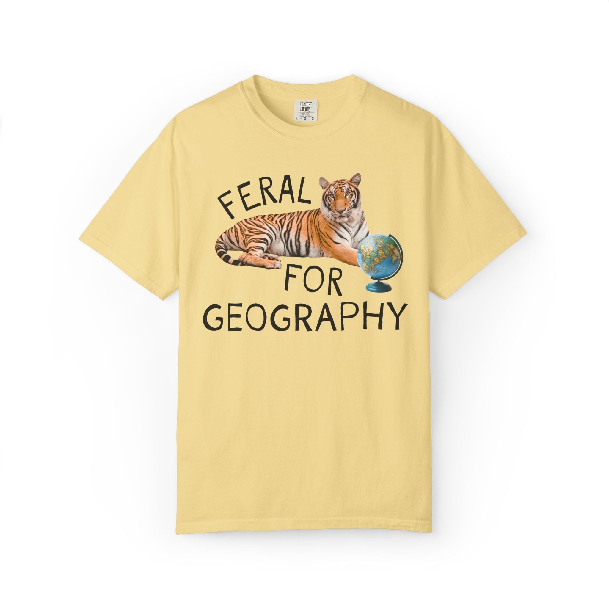 Geography Lover Tee for Middle School Teacher: Feral for Geography, Silly Animal Lover T-Shirt with Tiger Holding Books, Matching Teacher T - Opal and June