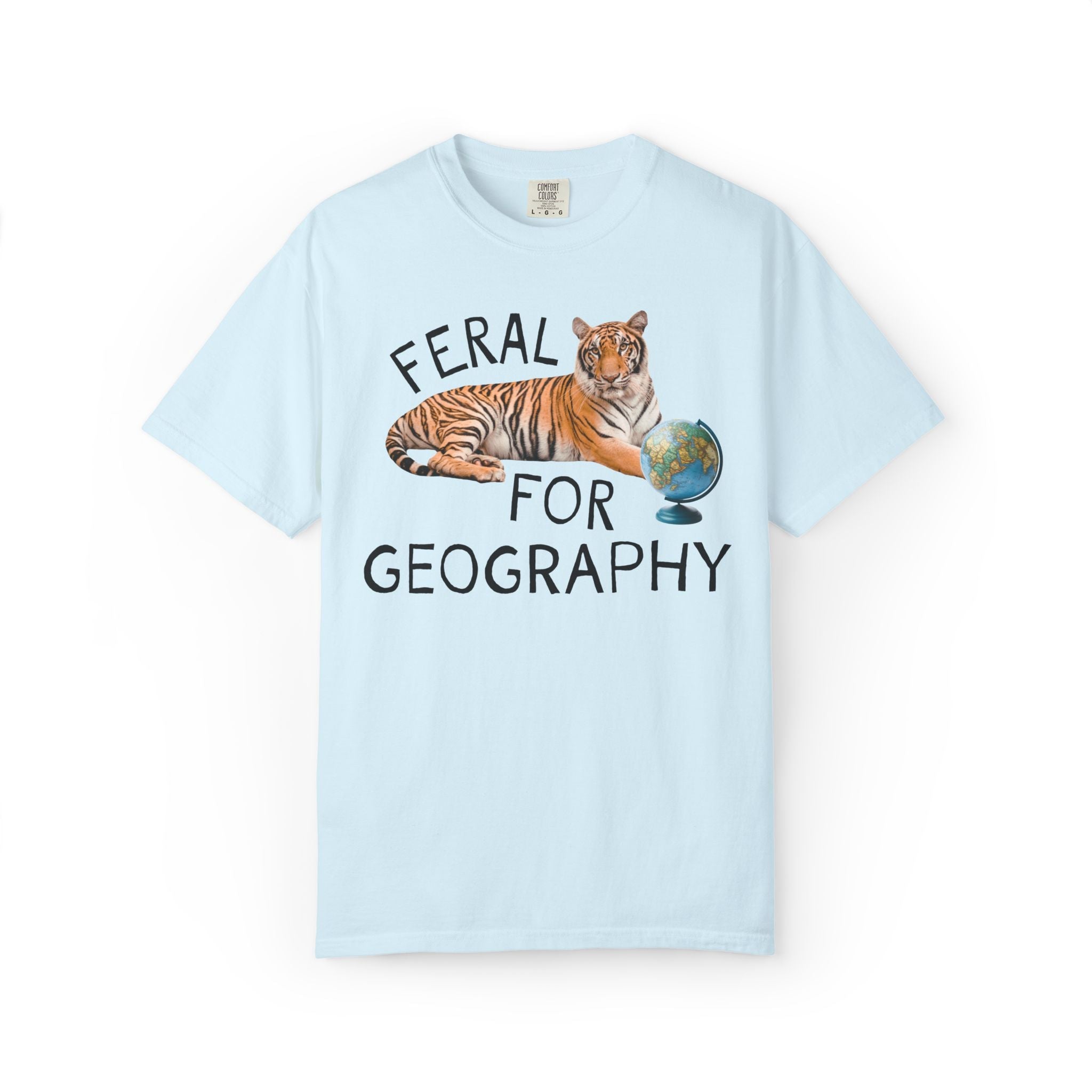 Geography Lover Tee for Middle School Teacher: Feral for Geography, Silly Animal Lover T-Shirt with Tiger Holding Books, Matching Teacher T - Opal and June
