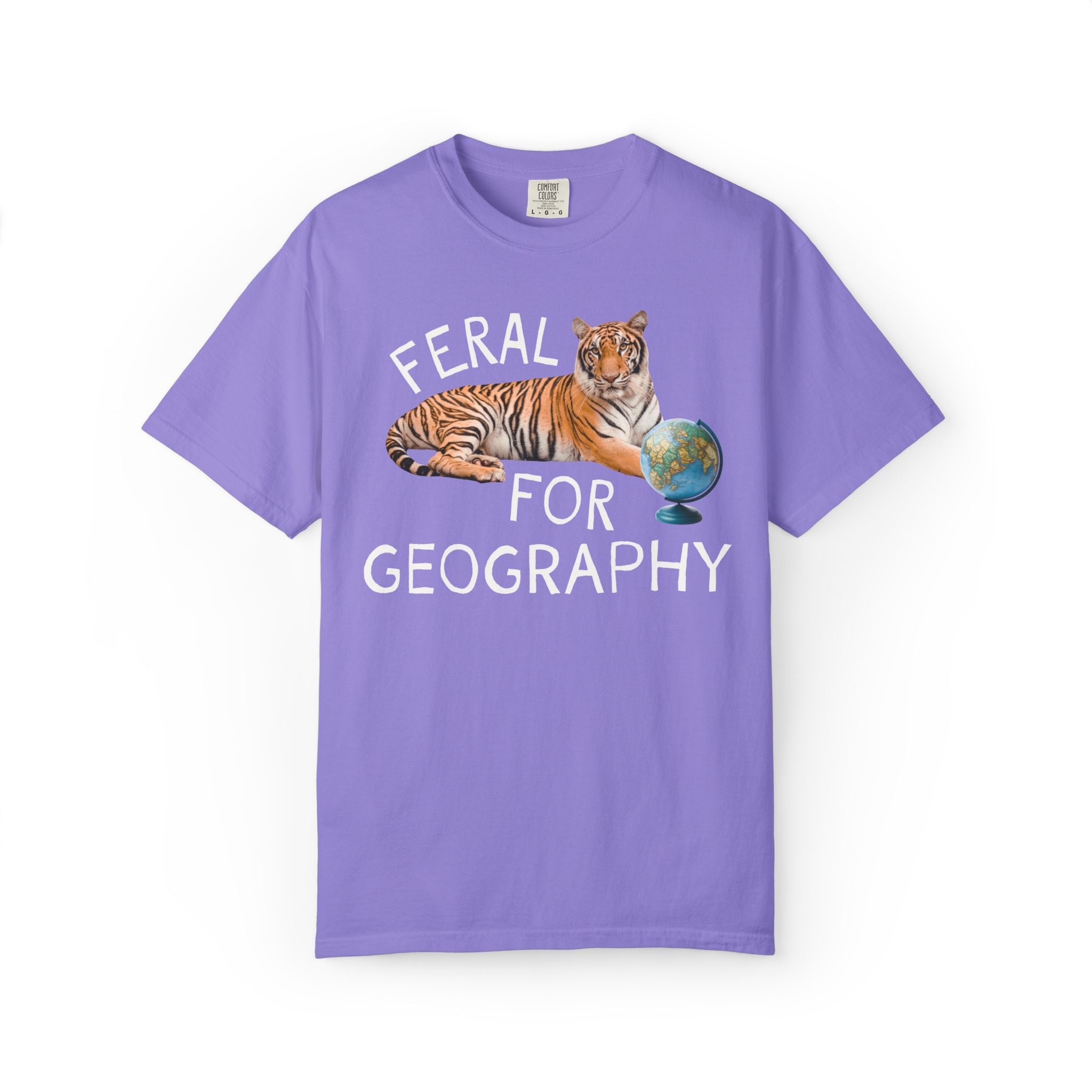 Geography Lover Tee for Middle School Teacher: Feral for Geography, Silly Animal Lover T-Shirt with Tiger Holding Books, Matching Teacher T - Opal and June