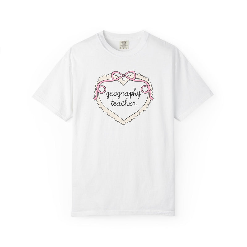 Geography Teacher Tee Shirt, Social Studies Teacher, Cute Retro Aesthetic Heart Tee with Ribbon, Matching Teacher Tee, Teacher Appreciation - Opal and June