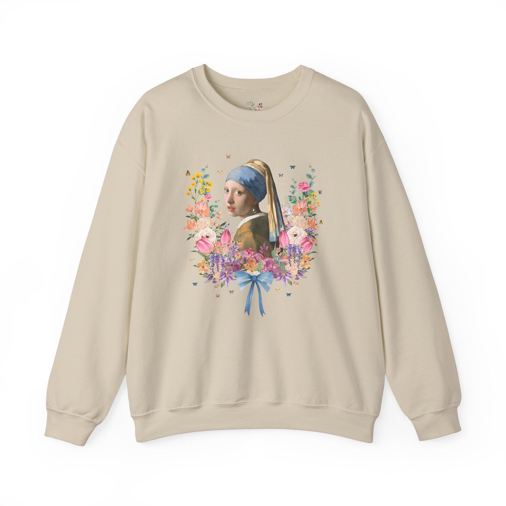 Girl with a Pearl Earring, Johannes Vermeer, Floral Collage with Butterflies, Boho Art History Sweatshirt, Famous Painting, Goblincore Gift - Opal and June