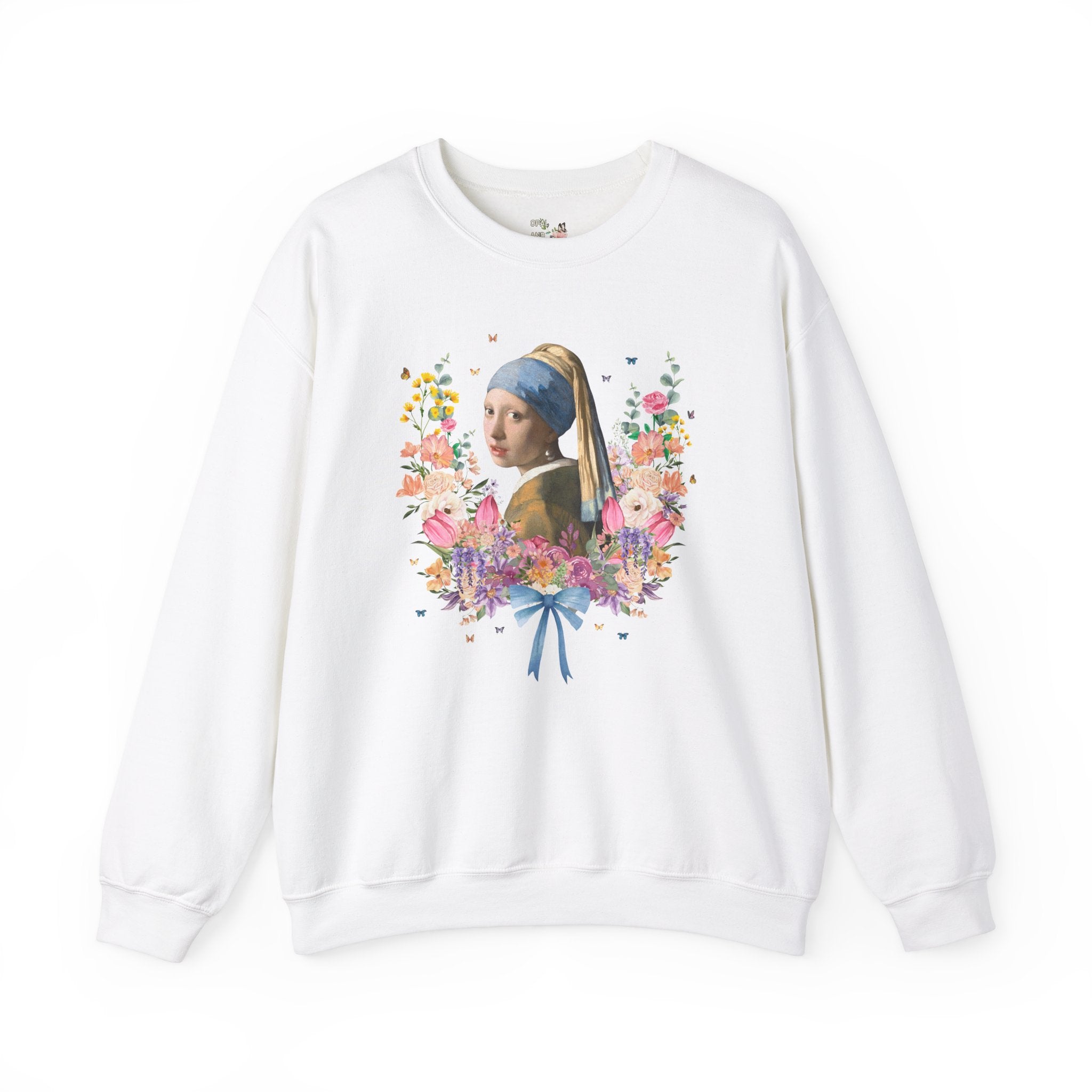 Girl with a Pearl Earring, Johannes Vermeer, Floral Collage with Butterflies, Boho Art History Sweatshirt, Famous Painting, Goblincore Gift - Opal and June