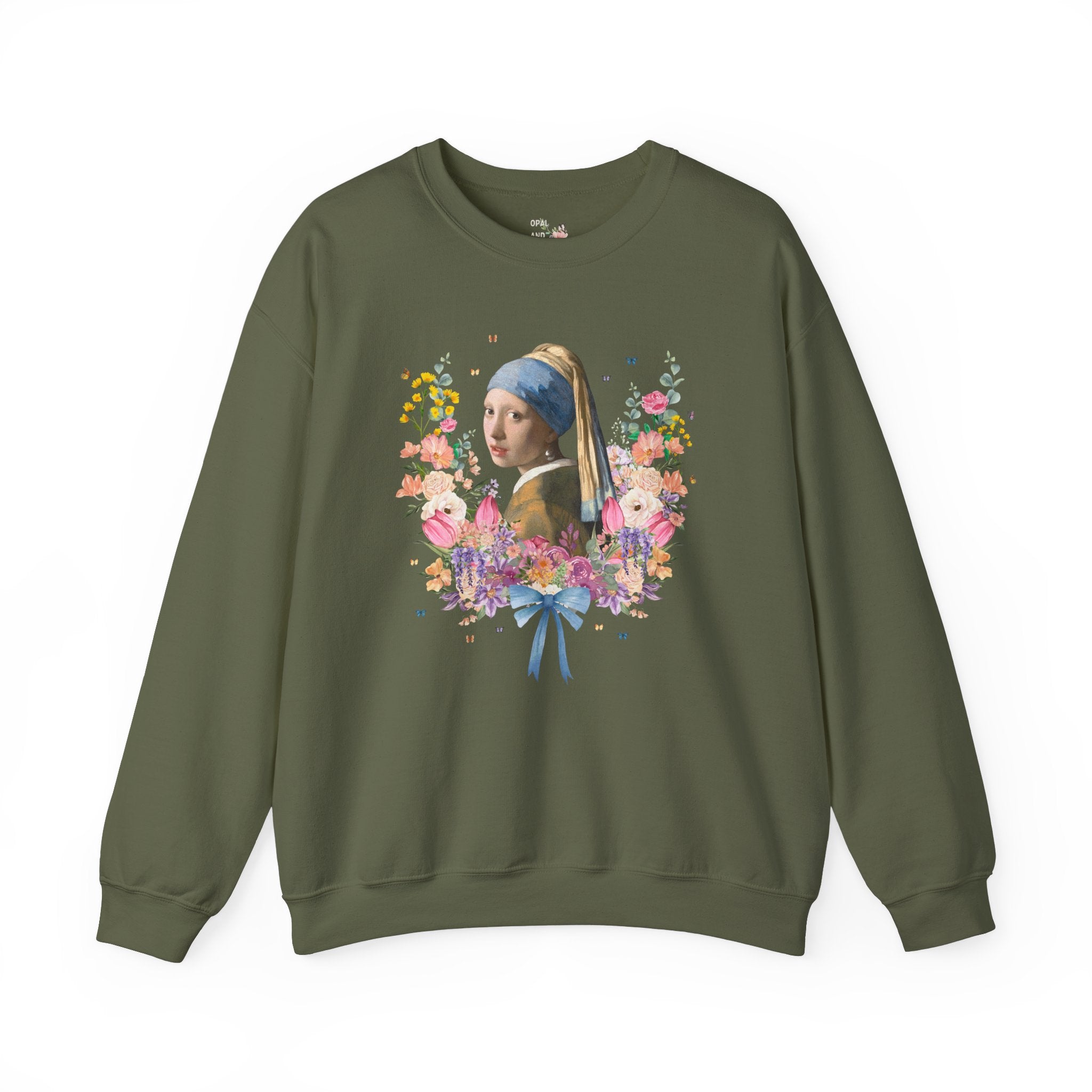 Girl with a Pearl Earring, Johannes Vermeer, Floral Collage with Butterflies, Boho Art History Sweatshirt, Famous Painting, Goblincore Gift - Opal and June