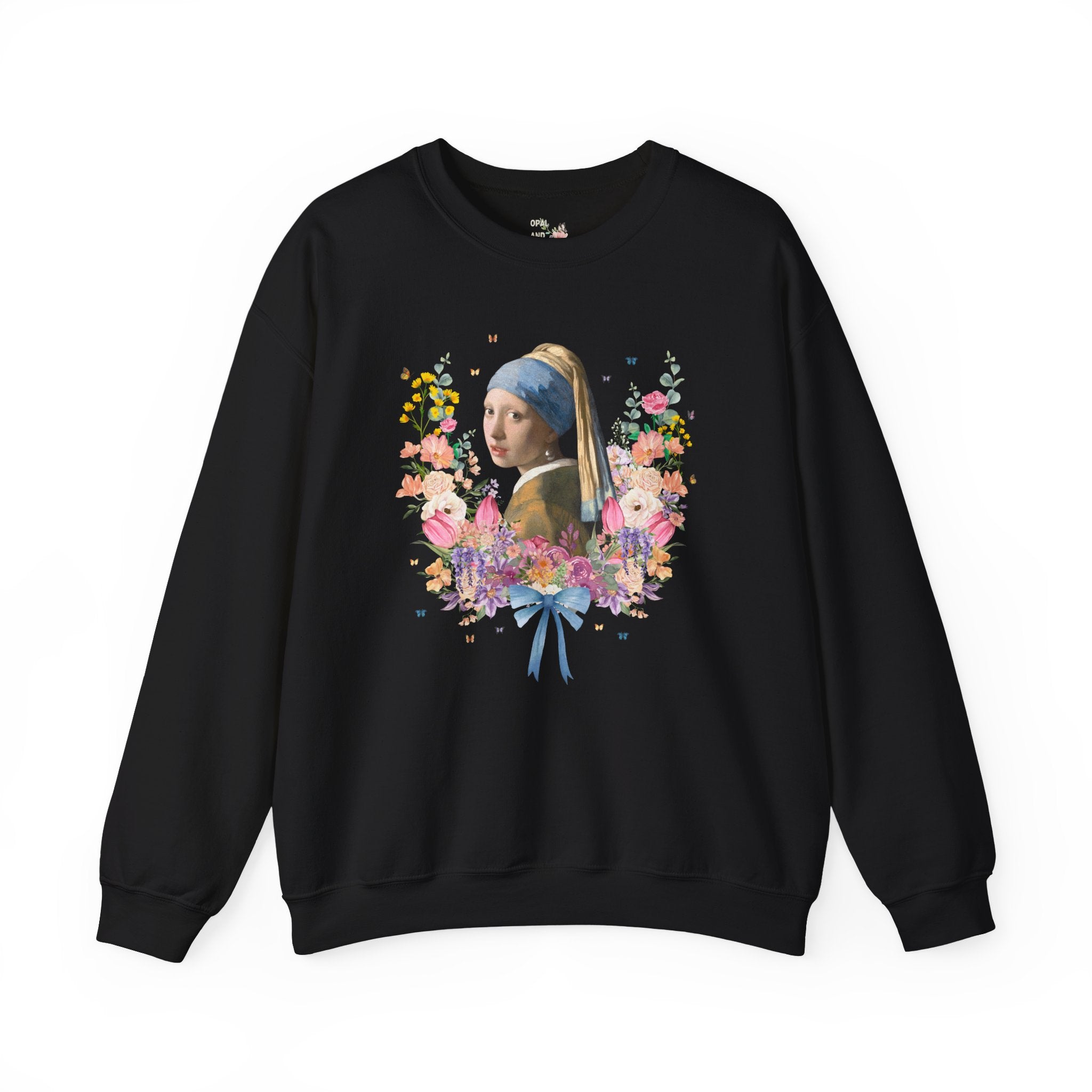 Girl with a Pearl Earring, Johannes Vermeer, Floral Collage with Butterflies, Boho Art History Sweatshirt, Famous Painting, Goblincore Gift - Opal and June