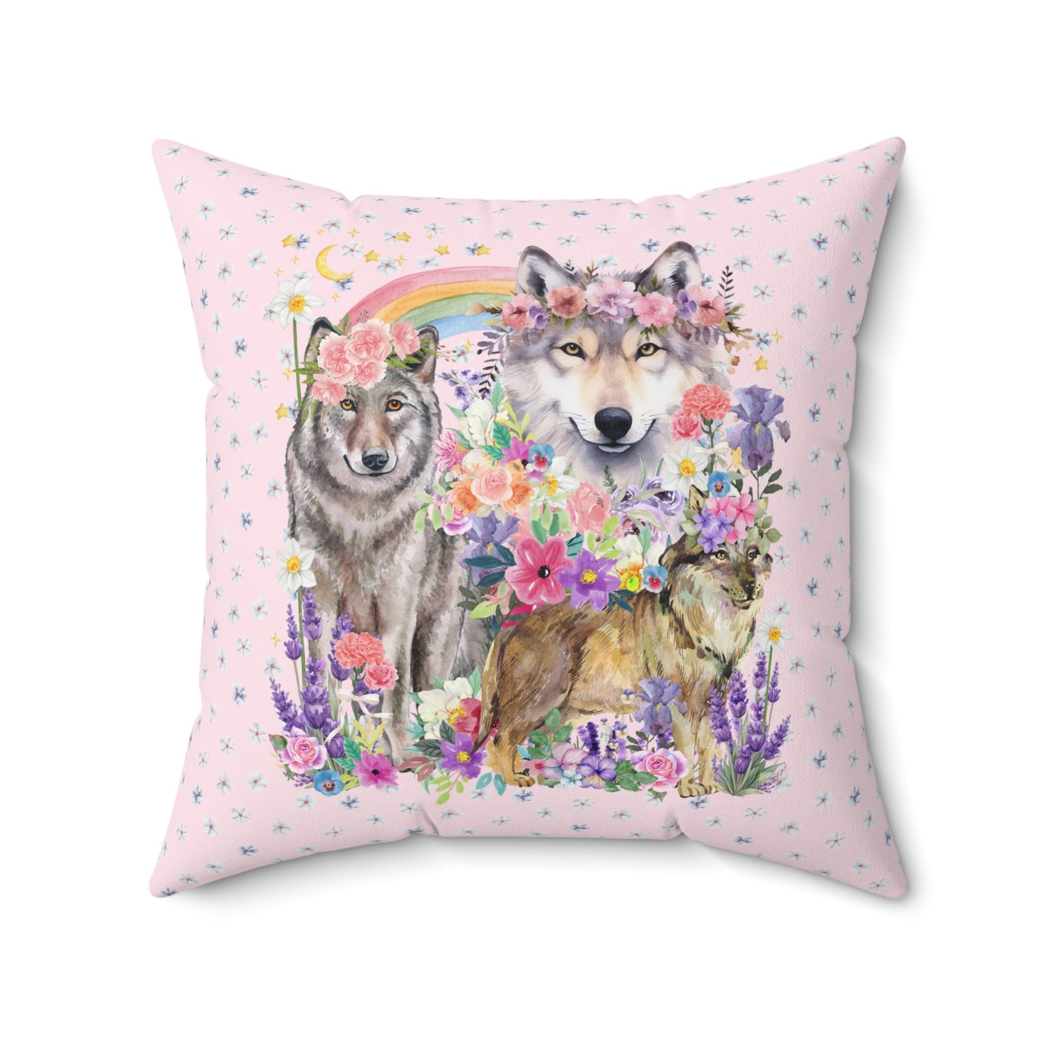 Goblincore Wolf Pillow for Friend Who Loves Wolves and Flowers: Funny Watercolor Wolves, Colorful Forestcore 90s Throwback, Silly Unhinged - Opal and June
