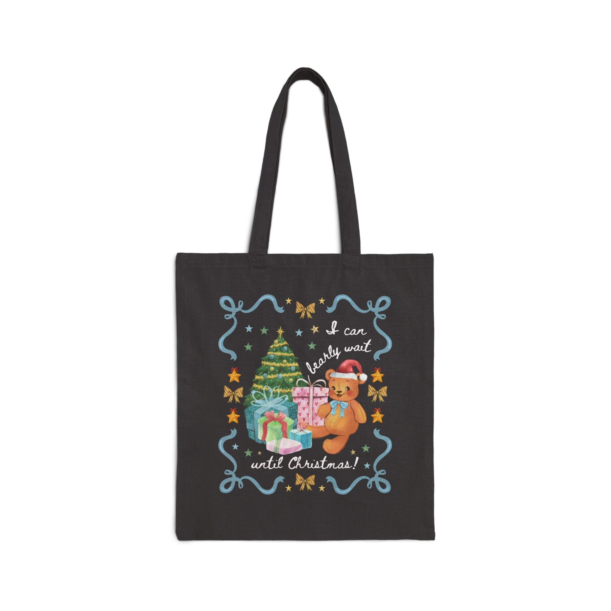 Grandmacore Christmas Tote Bag with Cottagecore Bear, Silly 90s Aesthetic Holiday Tote with Stars, Sweet Cozy Xmas Tote with Bows, Bear Lover - Opal and June