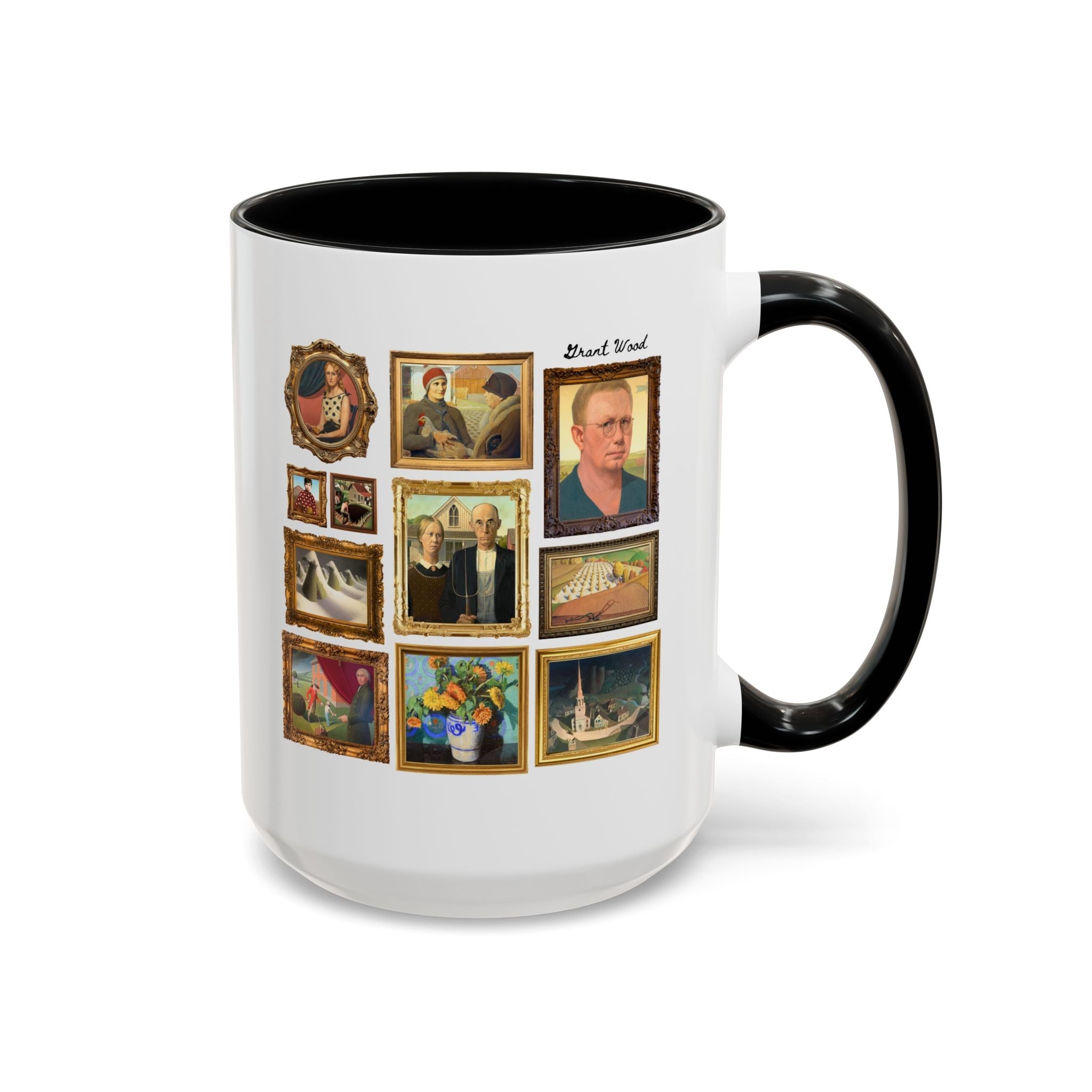 Grant Wood Art History Coffee Mug with Famous Paintings Including American Gothic, The Midnight Ride of Paul Revere, Regionalism 1900s Art - Opal and June