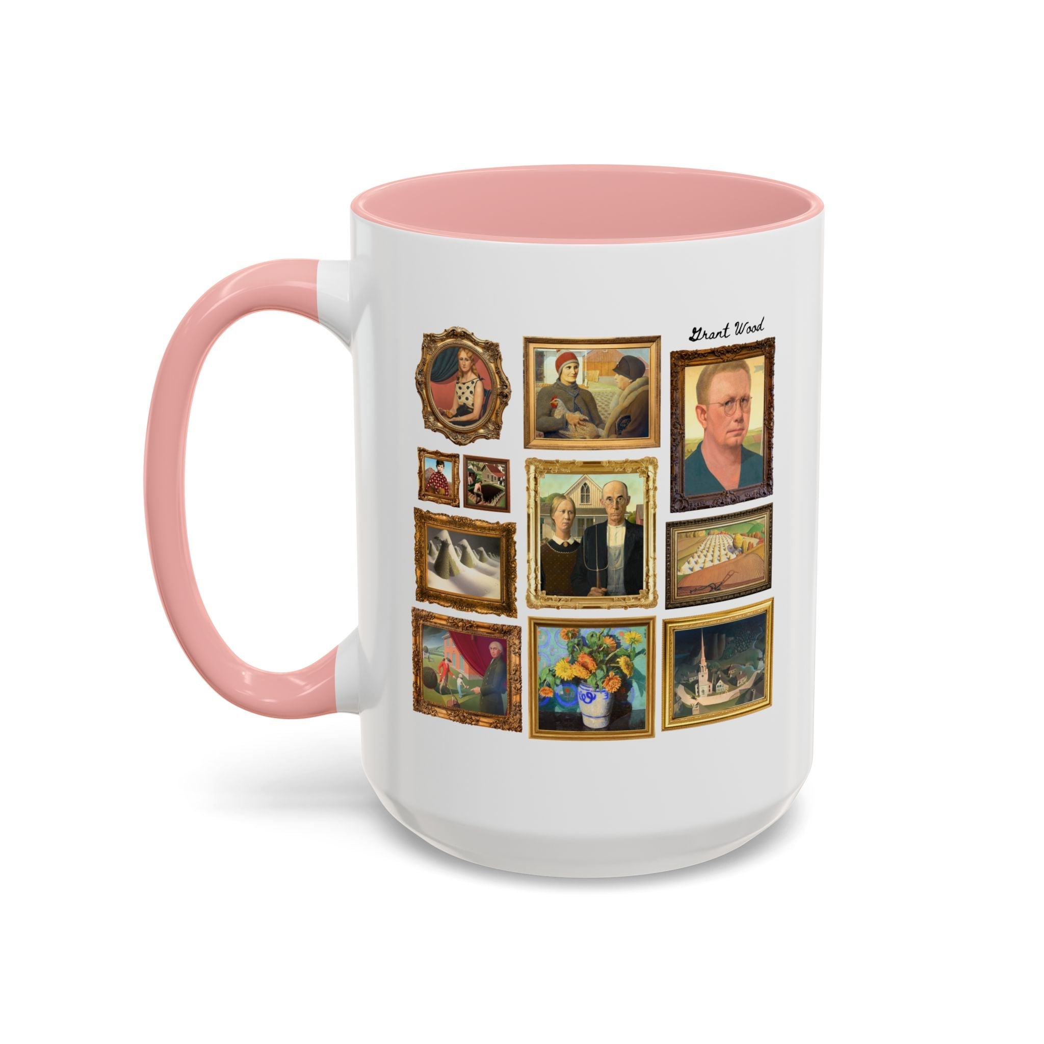 Grant Wood Art History Coffee Mug with Famous Paintings Including American Gothic, The Midnight Ride of Paul Revere, Regionalism 1900s Art - Opal and June