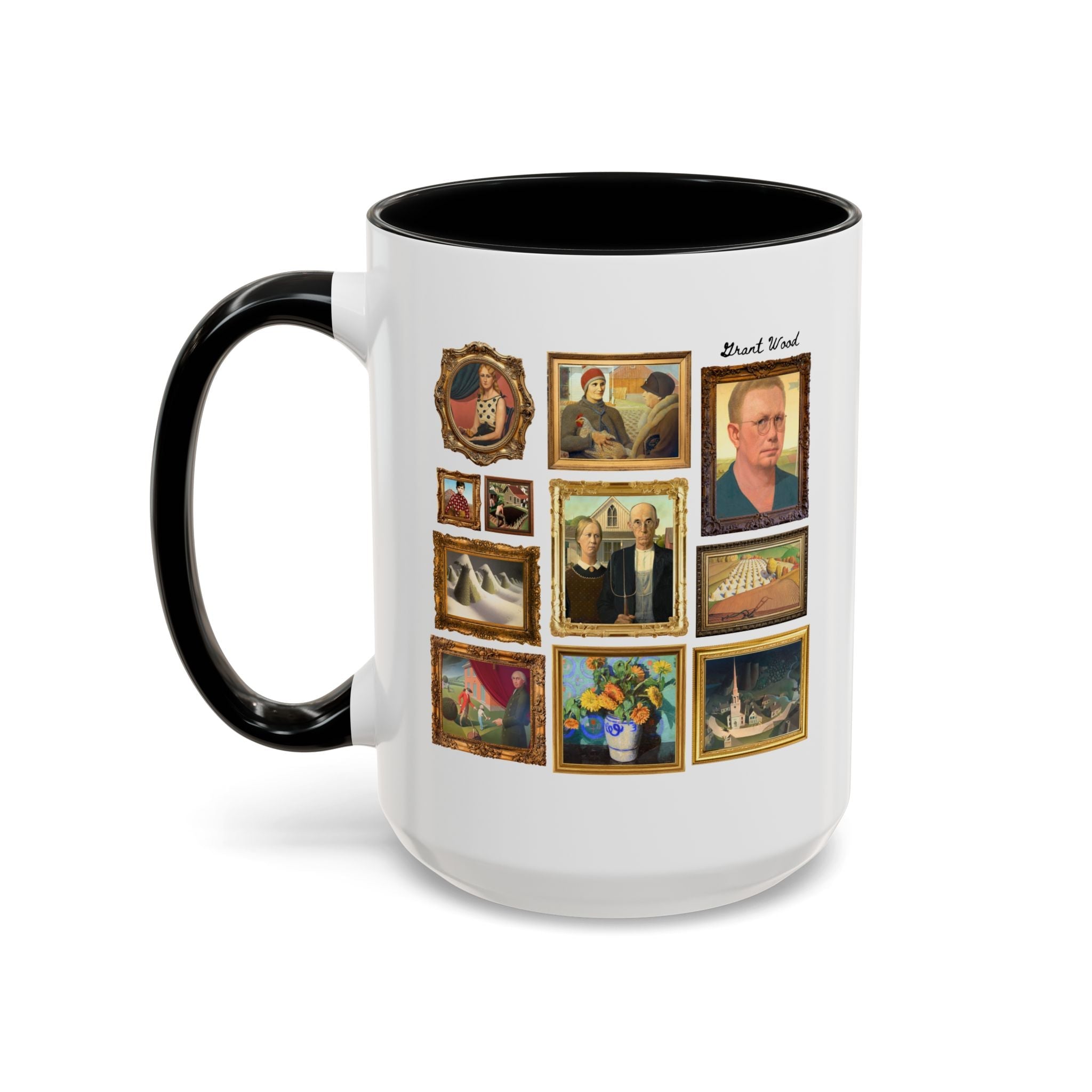Grant Wood Art History Coffee Mug with Famous Paintings Including American Gothic, The Midnight Ride of Paul Revere, Regionalism 1900s Art - Opal and June