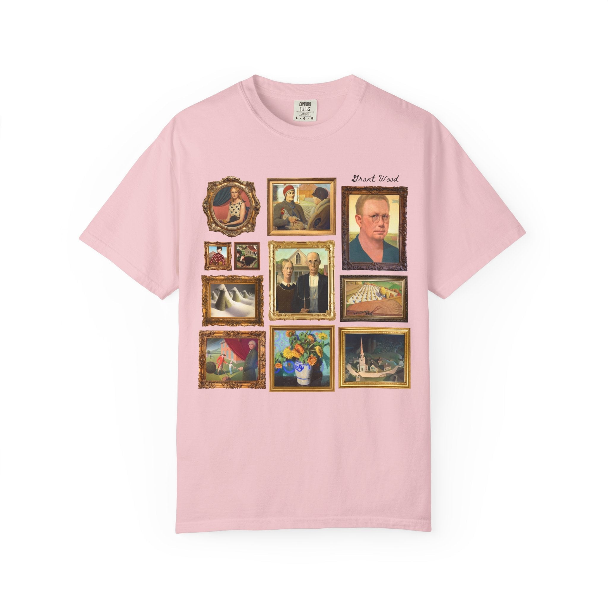 Grant Wood Art History Tee Shirt with Famous Paintings Including American Gothic and The Midnight Ride of Paul Revere, Regionalism 1900s Art - Opal and June
