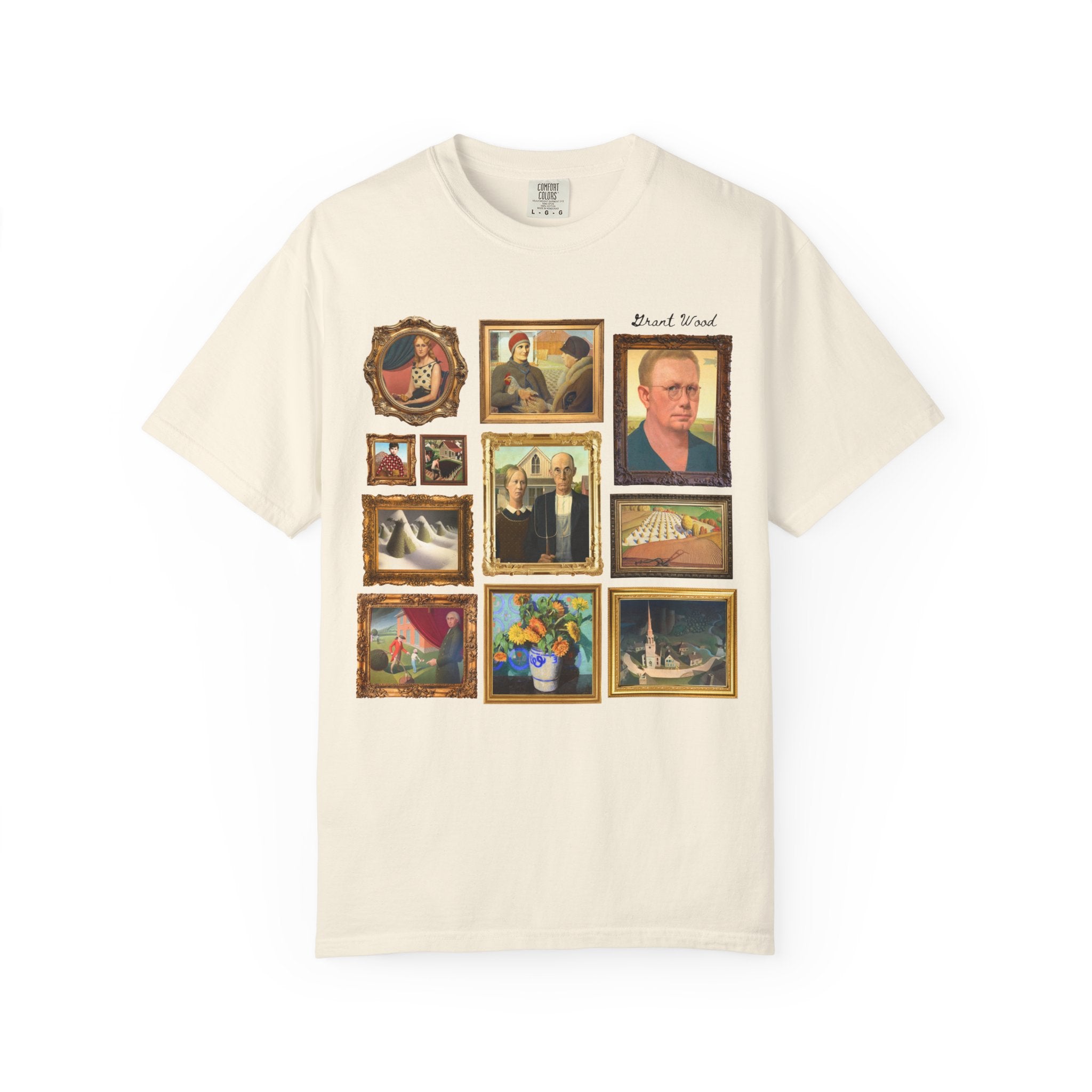 Grant Wood Art History Tee Shirt with Famous Paintings Including American Gothic and The Midnight Ride of Paul Revere, Regionalism 1900s Art - Opal and June
