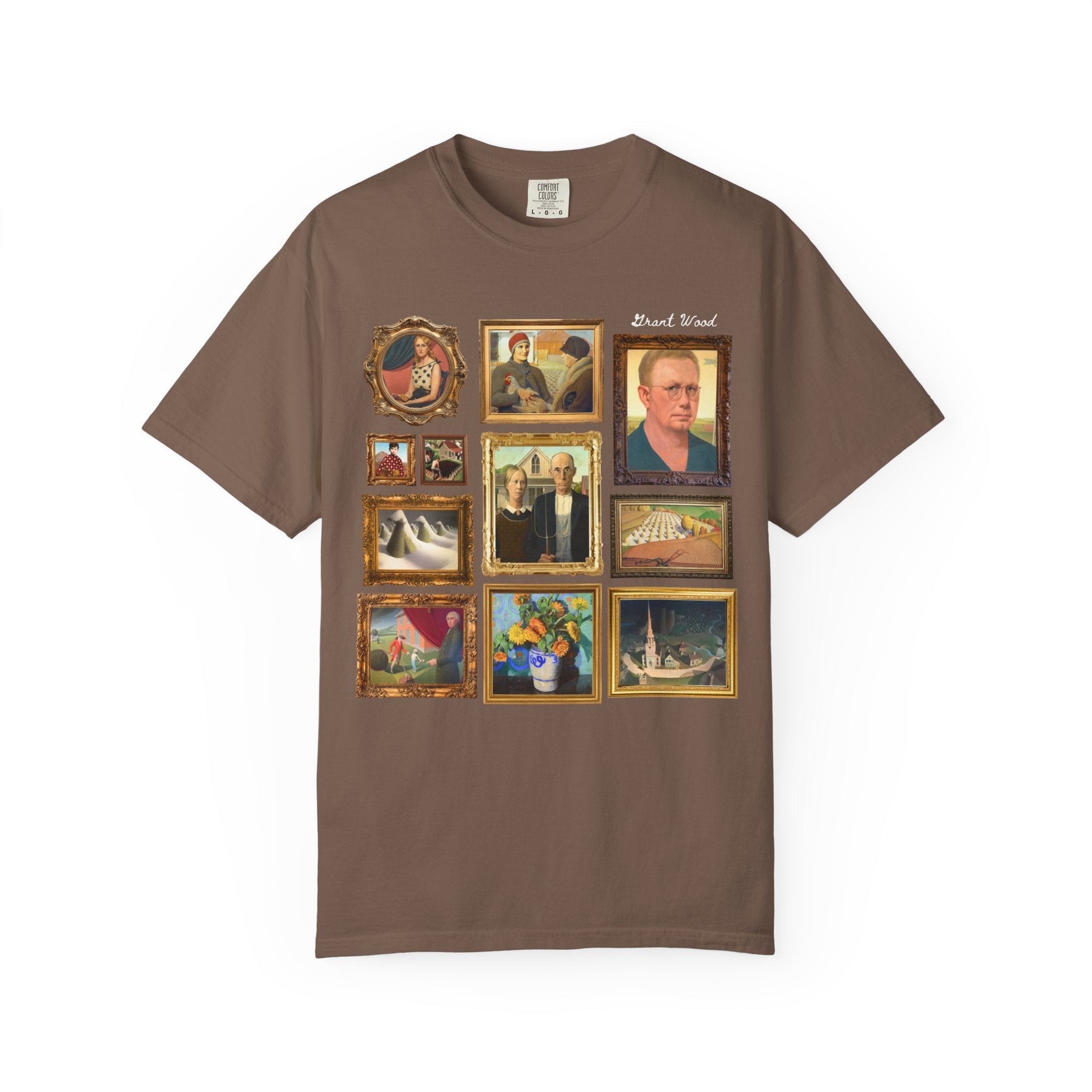 Grant Wood Art History Tee Shirt with Famous Paintings Including American Gothic and The Midnight Ride of Paul Revere, Regionalism 1900s Art - Opal and June