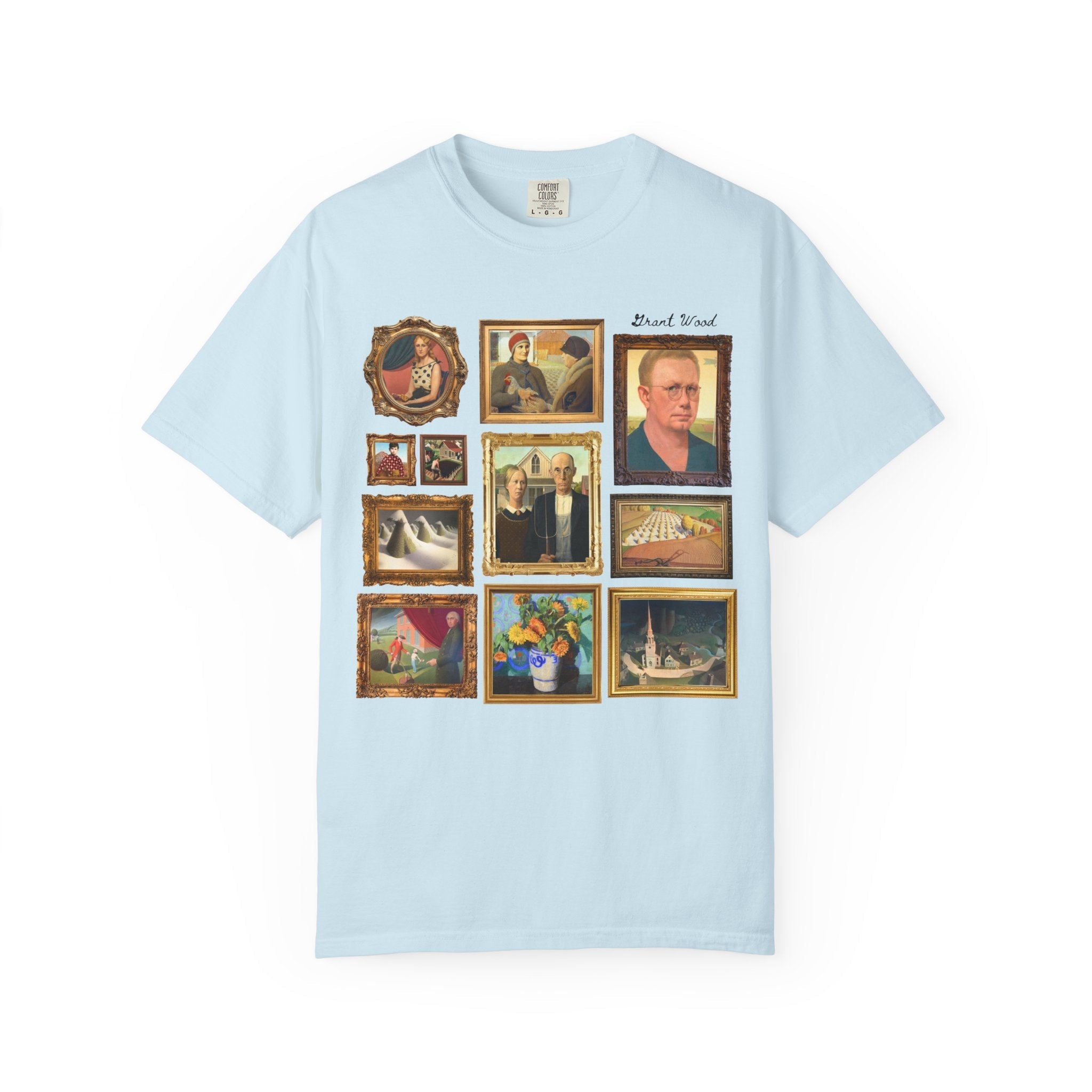 Grant Wood Art History Tee Shirt with Famous Paintings Including American Gothic and The Midnight Ride of Paul Revere, Regionalism 1900s Art - Opal and June