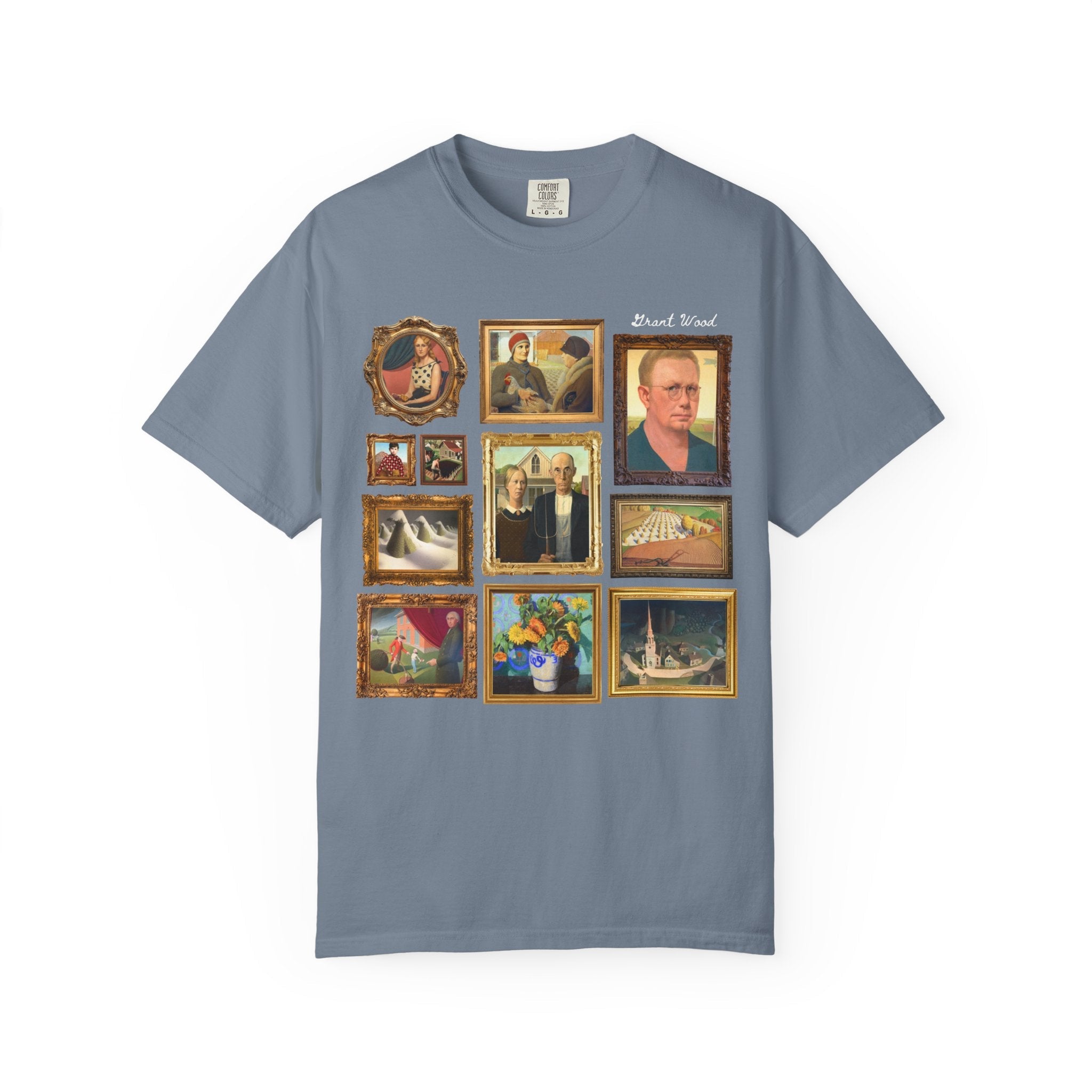 Grant Wood Art History Tee Shirt with Famous Paintings Including American Gothic and The Midnight Ride of Paul Revere, Regionalism 1900s Art - Opal and June