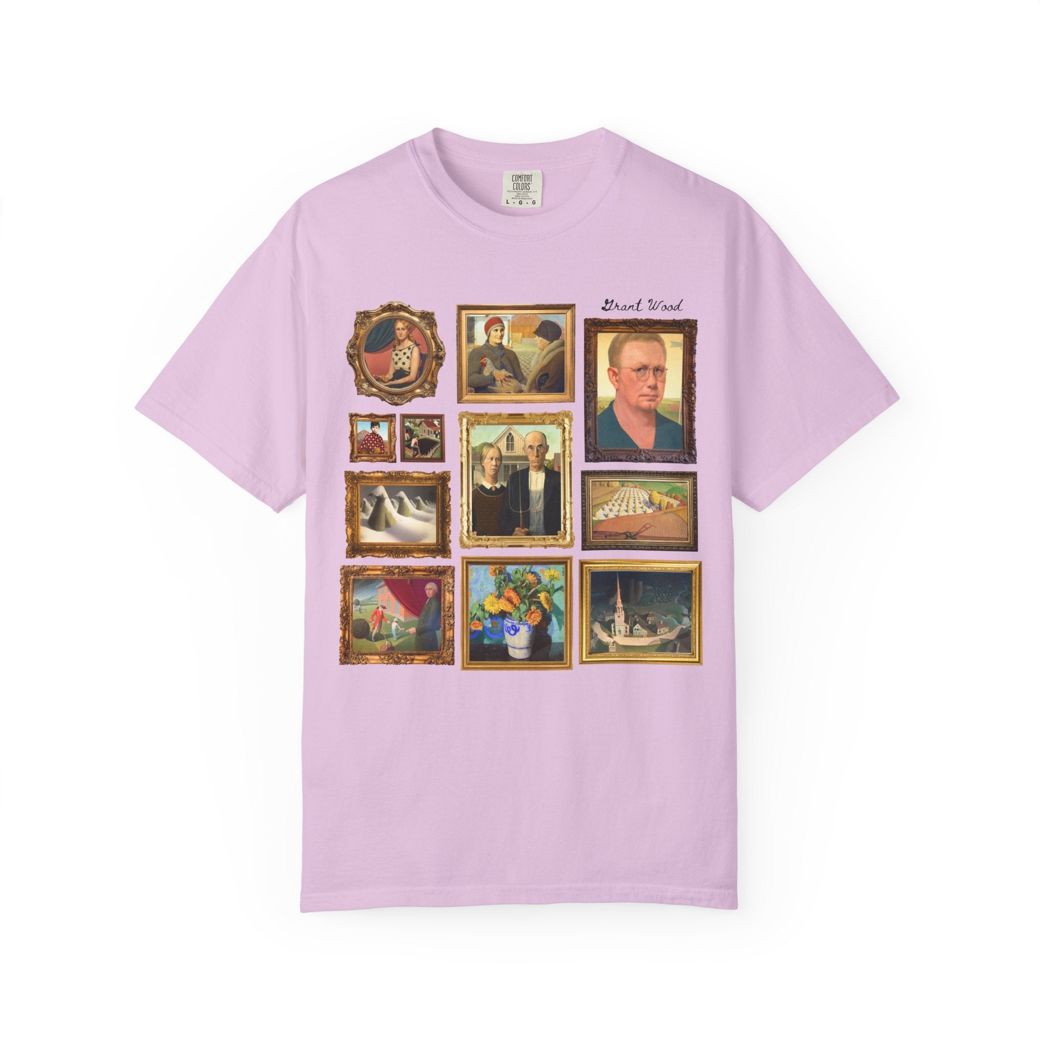 Grant Wood Art History Tee Shirt with Famous Paintings Including American Gothic and The Midnight Ride of Paul Revere, Regionalism 1900s Art - Opal and June