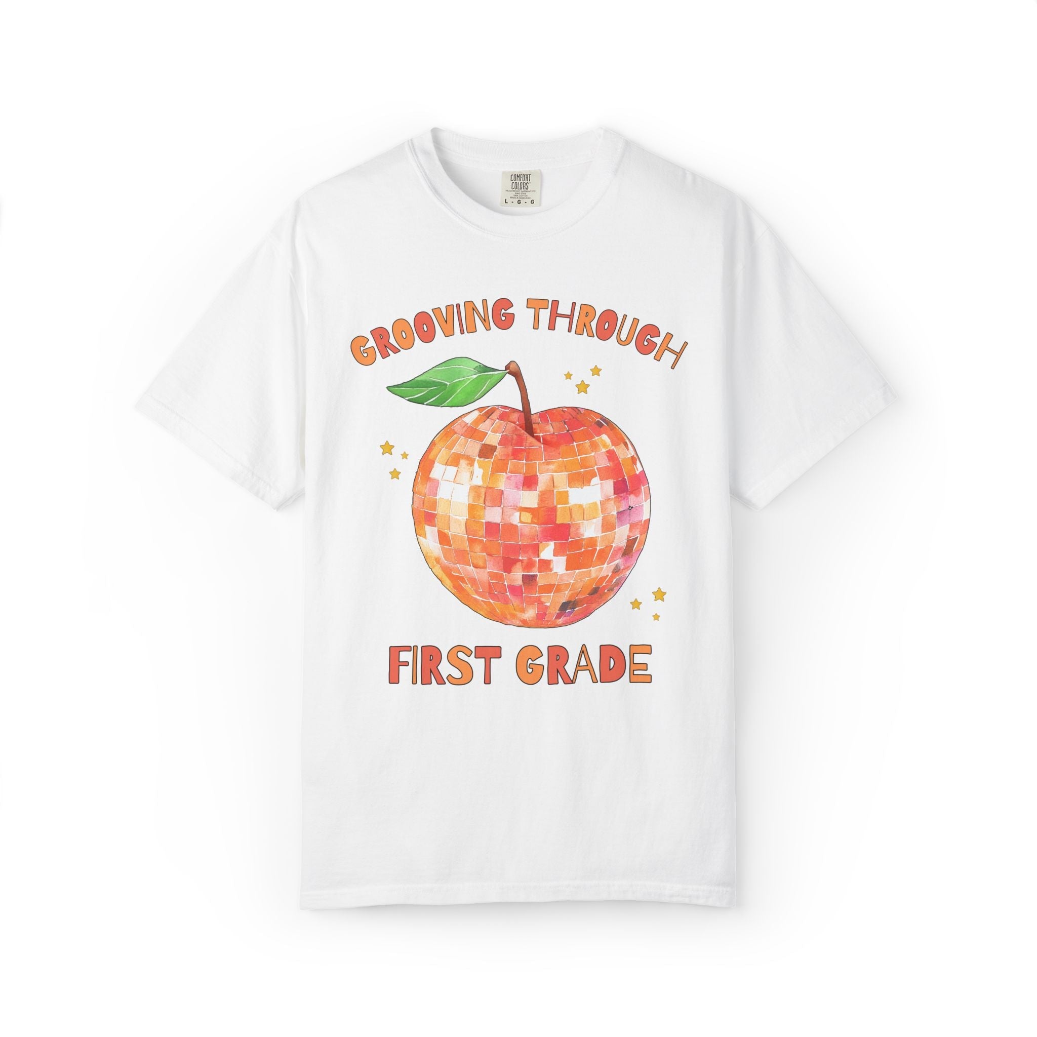 Grooving Through First Grade Teacher Tee Shirt with Disco Apple and Stars: Matching Teacher Team T-Shirt for Back to School or Testing Day - Opal and June