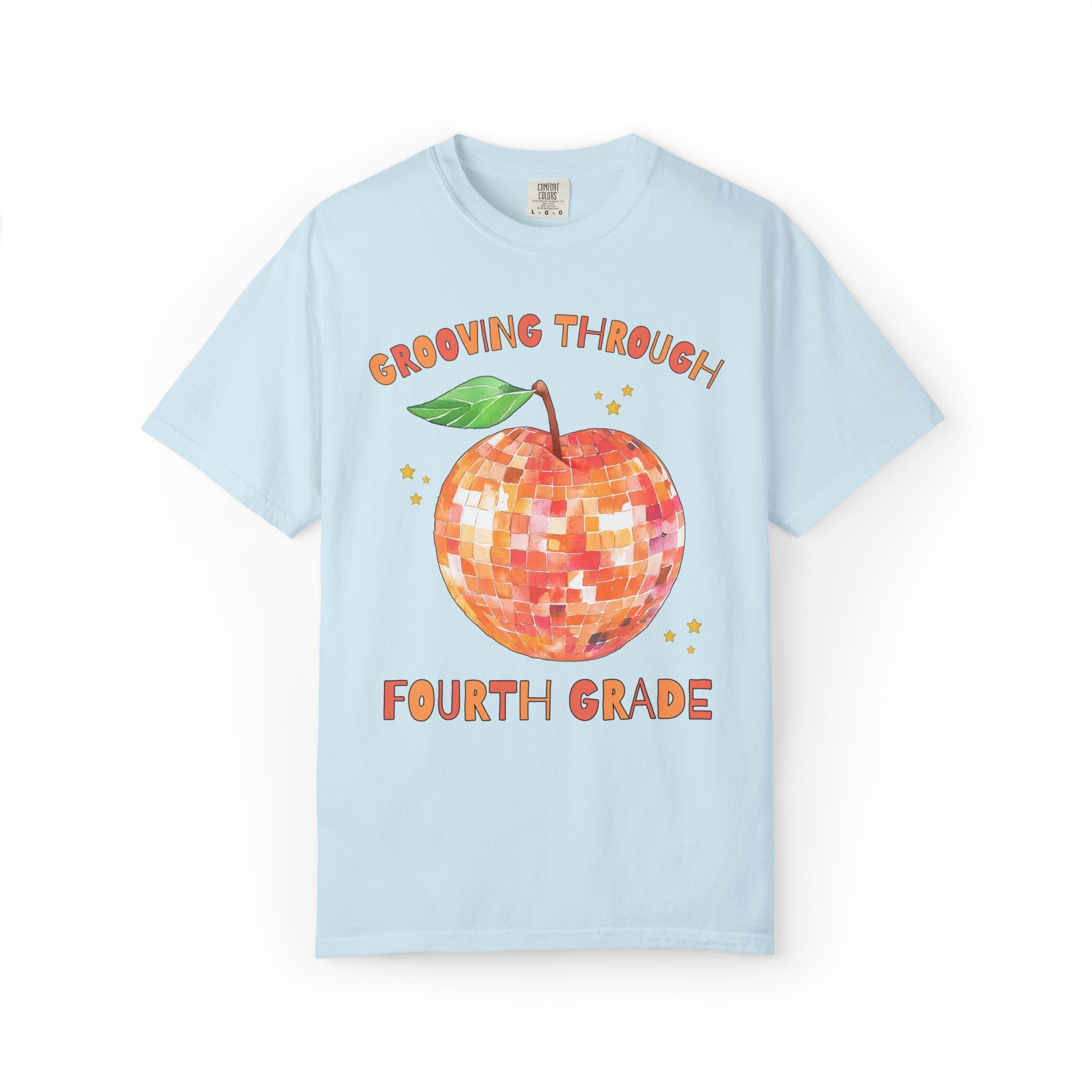 Grooving Through Fourth Grade Teacher Tee Shirt with Disco Apple and Stars: Matching Teacher Team T-Shirt for Back to School or Testing Day - Opal and June