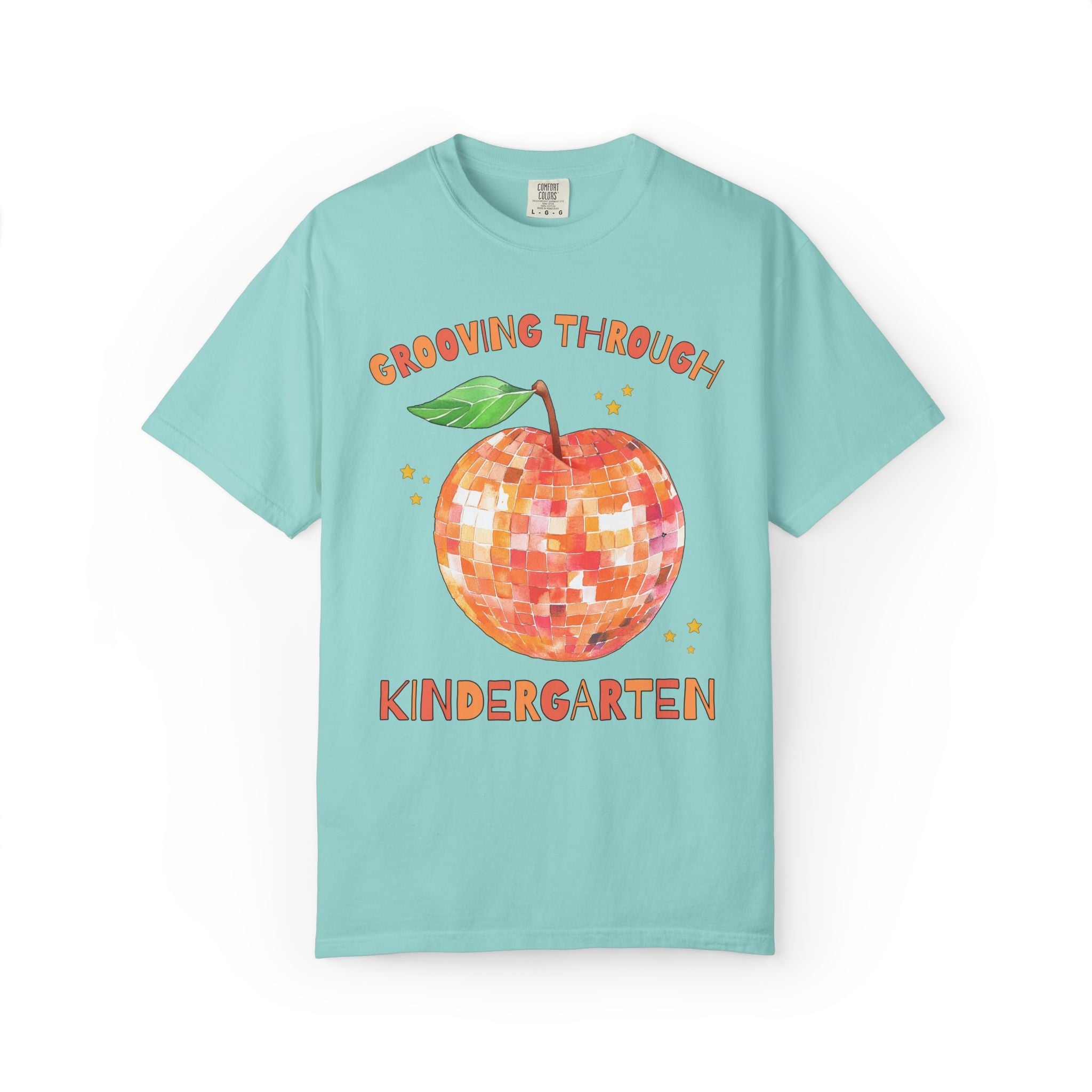 Grooving Through Kindergarten Teacher Tee Shirt with Disco Apple and Stars: Matching Teacher Team T-Shirt for Back to School or Testing Day - Opal and June