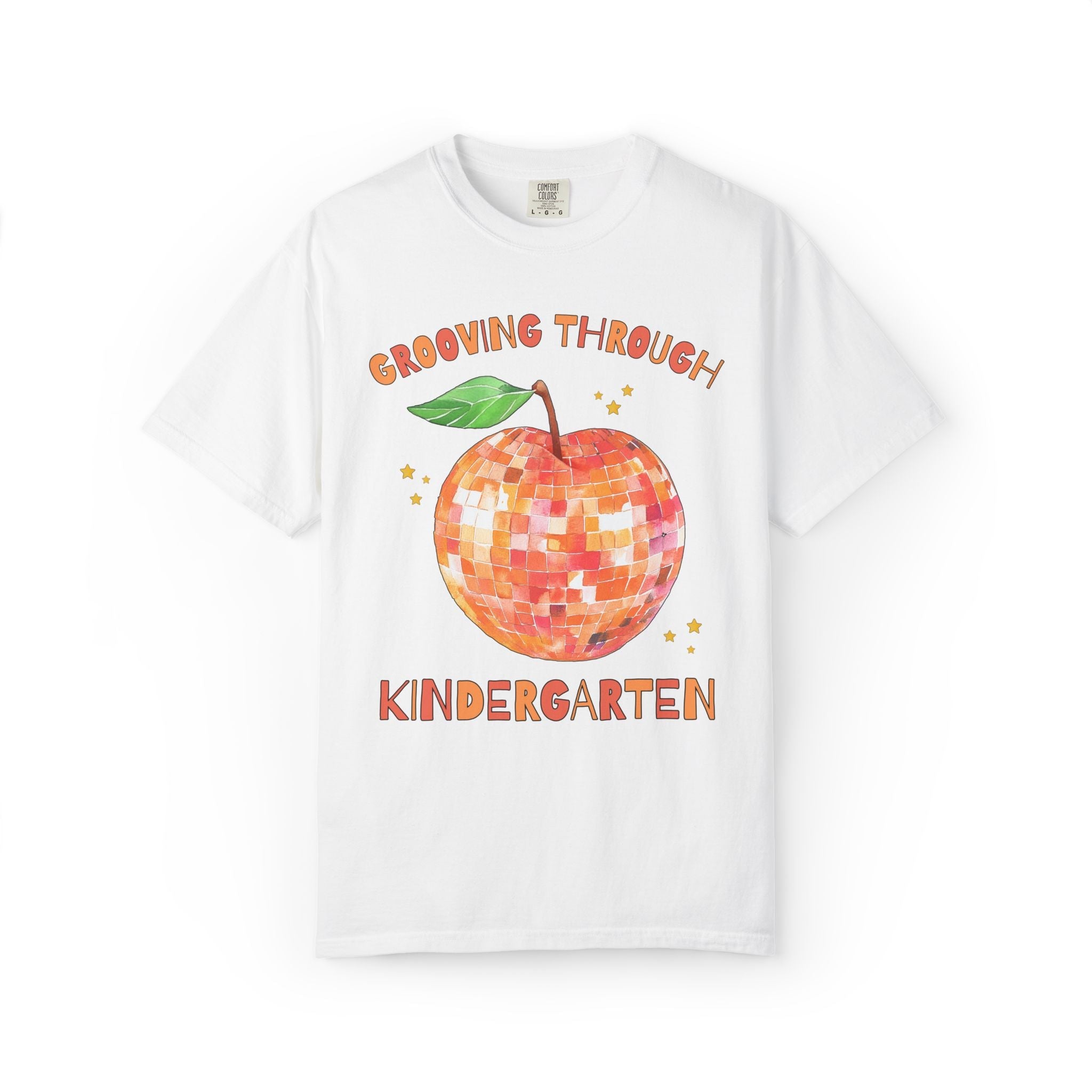Grooving Through Kindergarten Teacher Tee Shirt with Disco Apple and Stars: Matching Teacher Team T-Shirt for Back to School or Testing Day - Opal and June